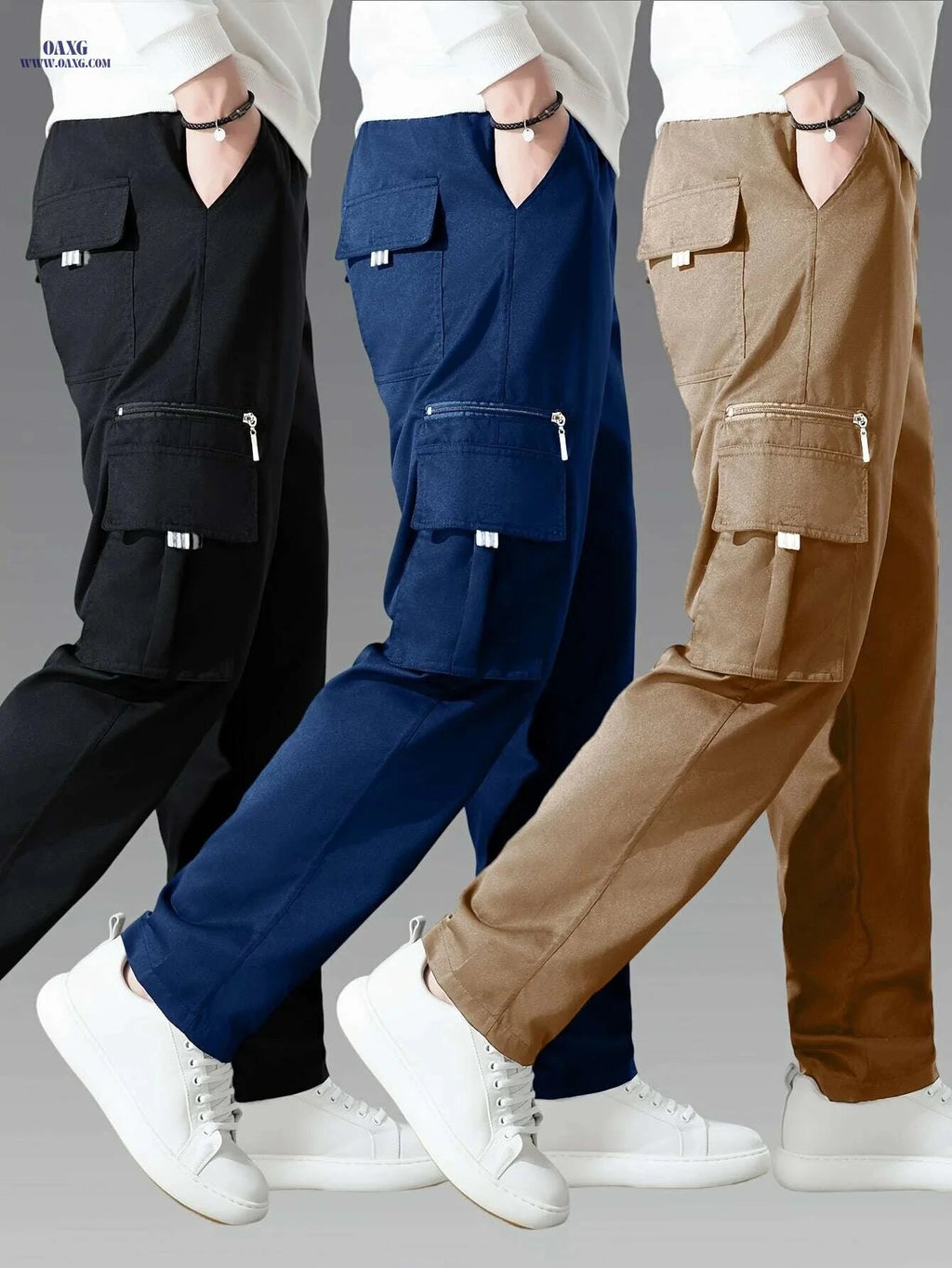 3pcs Men's Cargo Pants - Multi-Pocket Casual Trousers, All-Season   OAXG Black + Navy Blue + Khaki / S