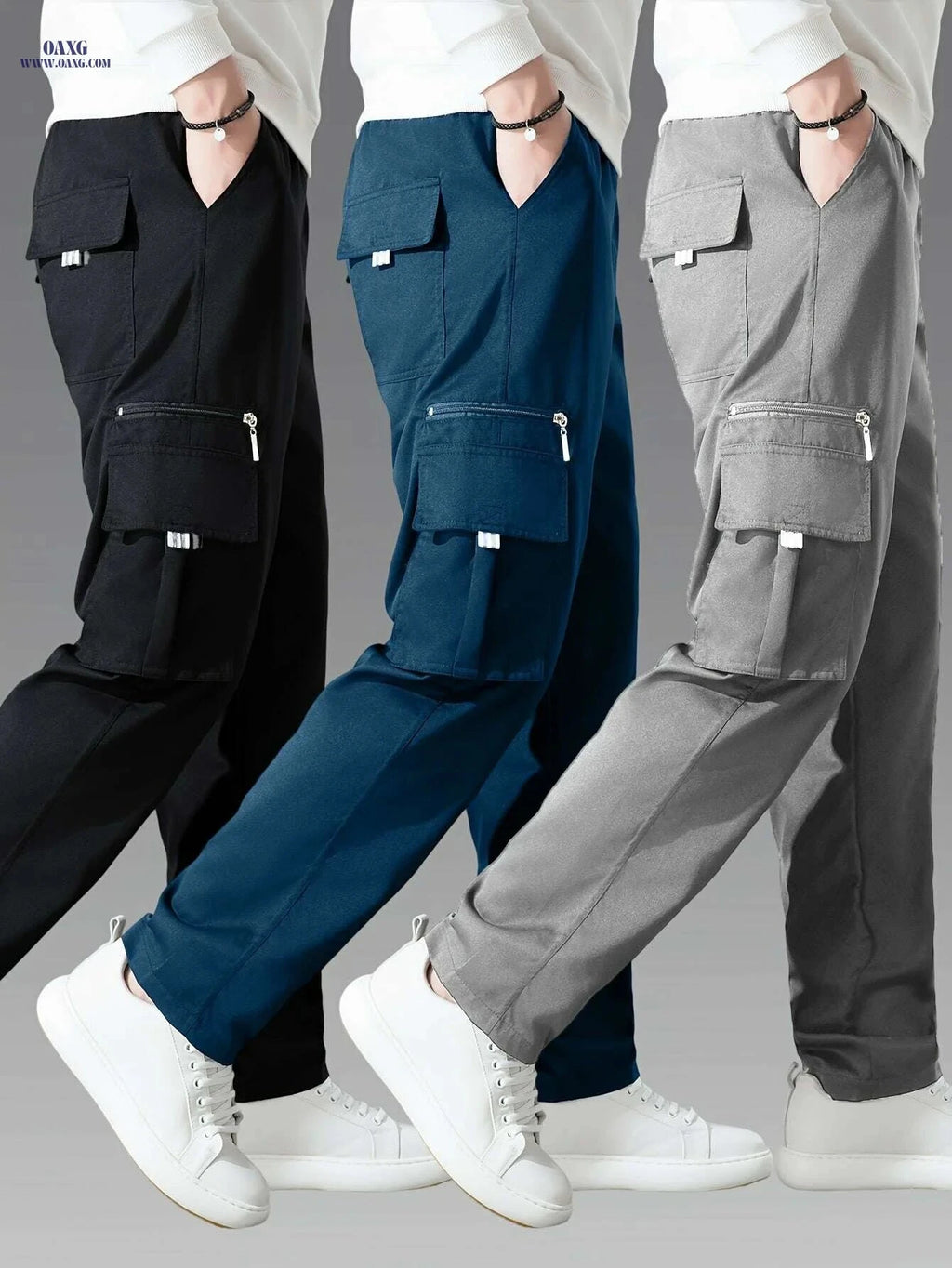 3pcs Men's Cargo Pants - Multi-Pocket Casual Trousers, All-Season   OAXG Black + Navy Blue + Khaki / S