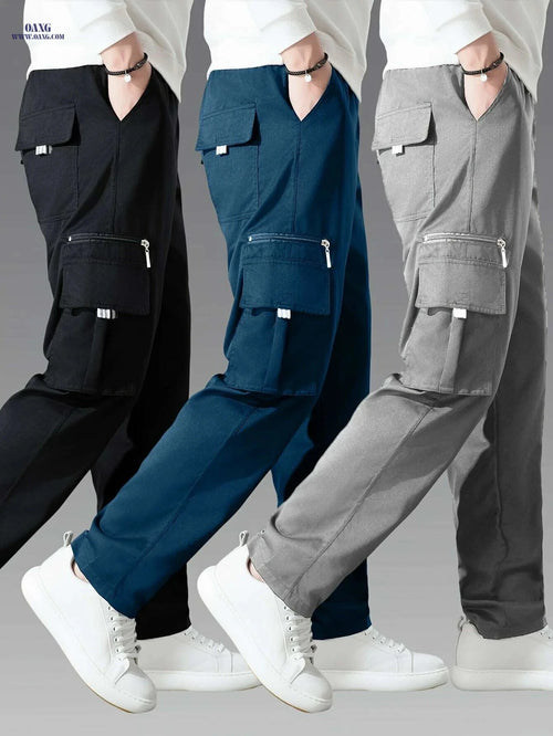 3pcs Men's Cargo Pants - Multi-Pocket Casual Trousers, All-Season   OAXG Black + Navy Blue + Khaki / S