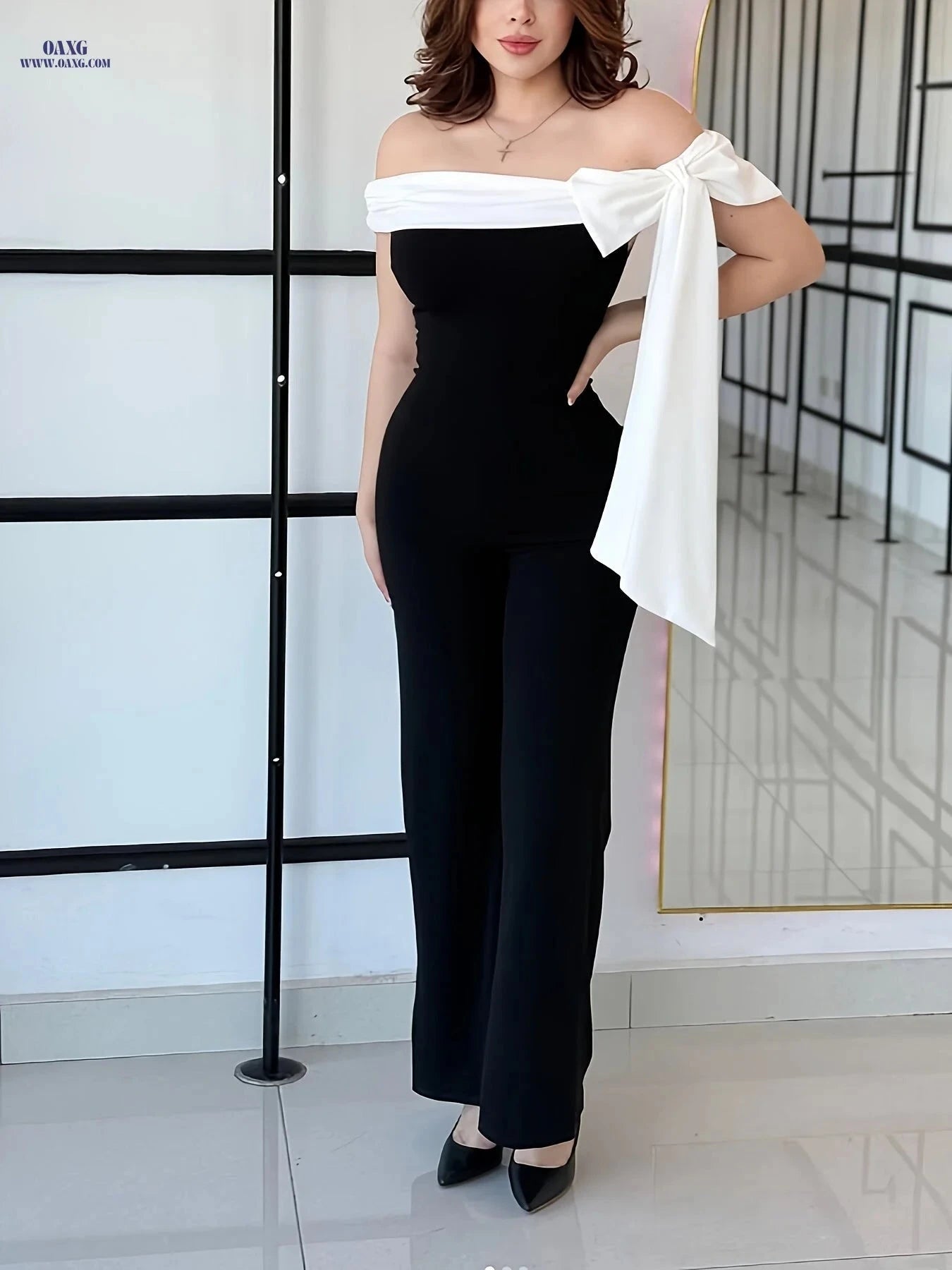6091 Elegant Color Block Off-Shoulder Jumpsuit - Sleeveless Fashion   OAXG 