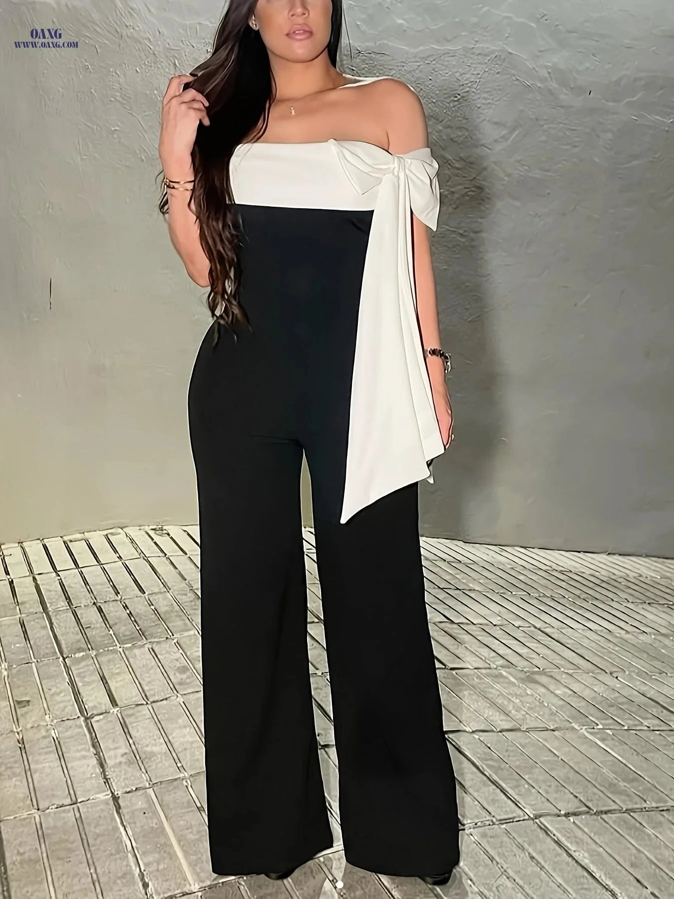 6091 Elegant Color Block Off-Shoulder Jumpsuit - Sleeveless Fashion   OAXG Black / S