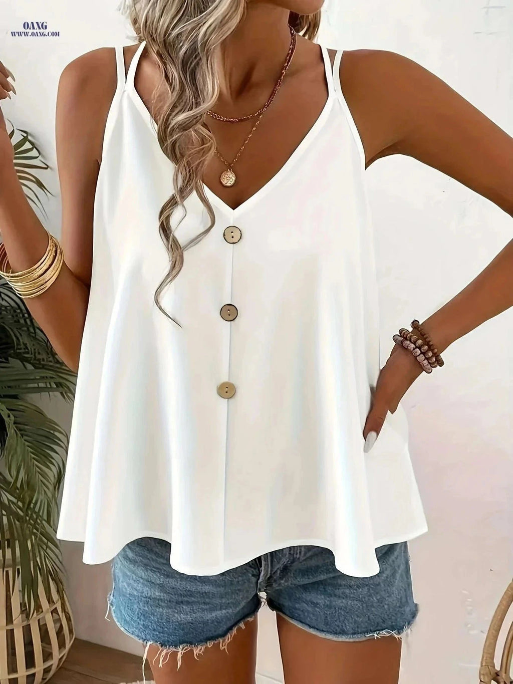8292 Back Strap Camisole Top - Sexy V-Neck Design for Summer   OAXG White / S