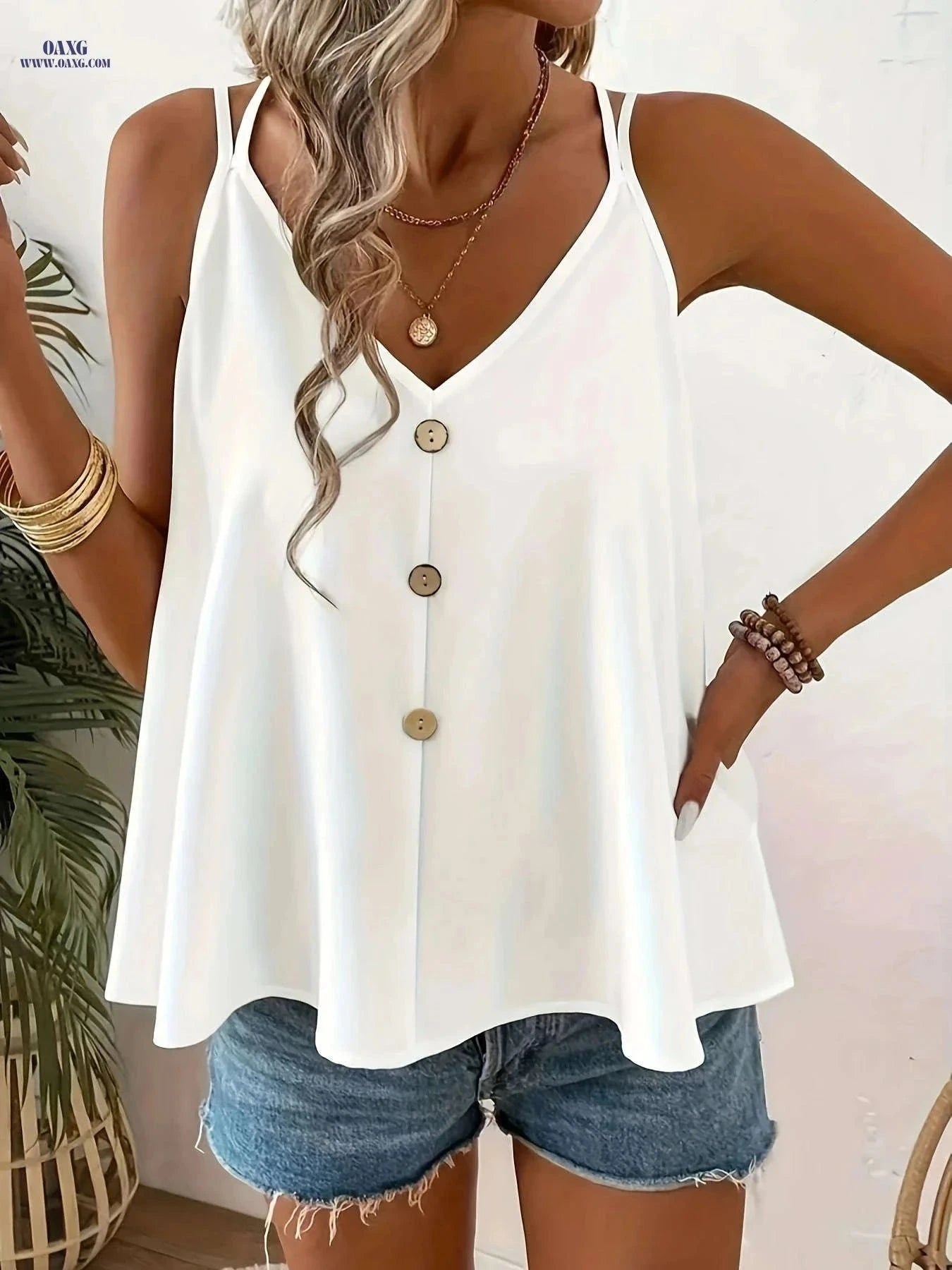 8292 Back Strap Camisole Top - Sexy V-Neck Design for Summer   OAXG White / S