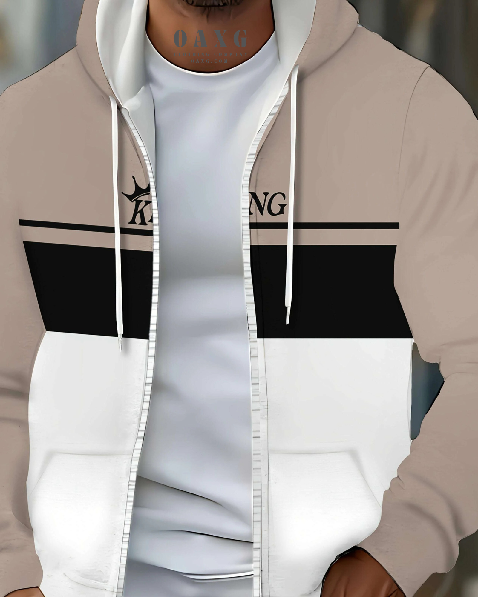 Men's Casual Zip-Up Hoodie - Striped, Drawstring, Pockets, Beige/Black