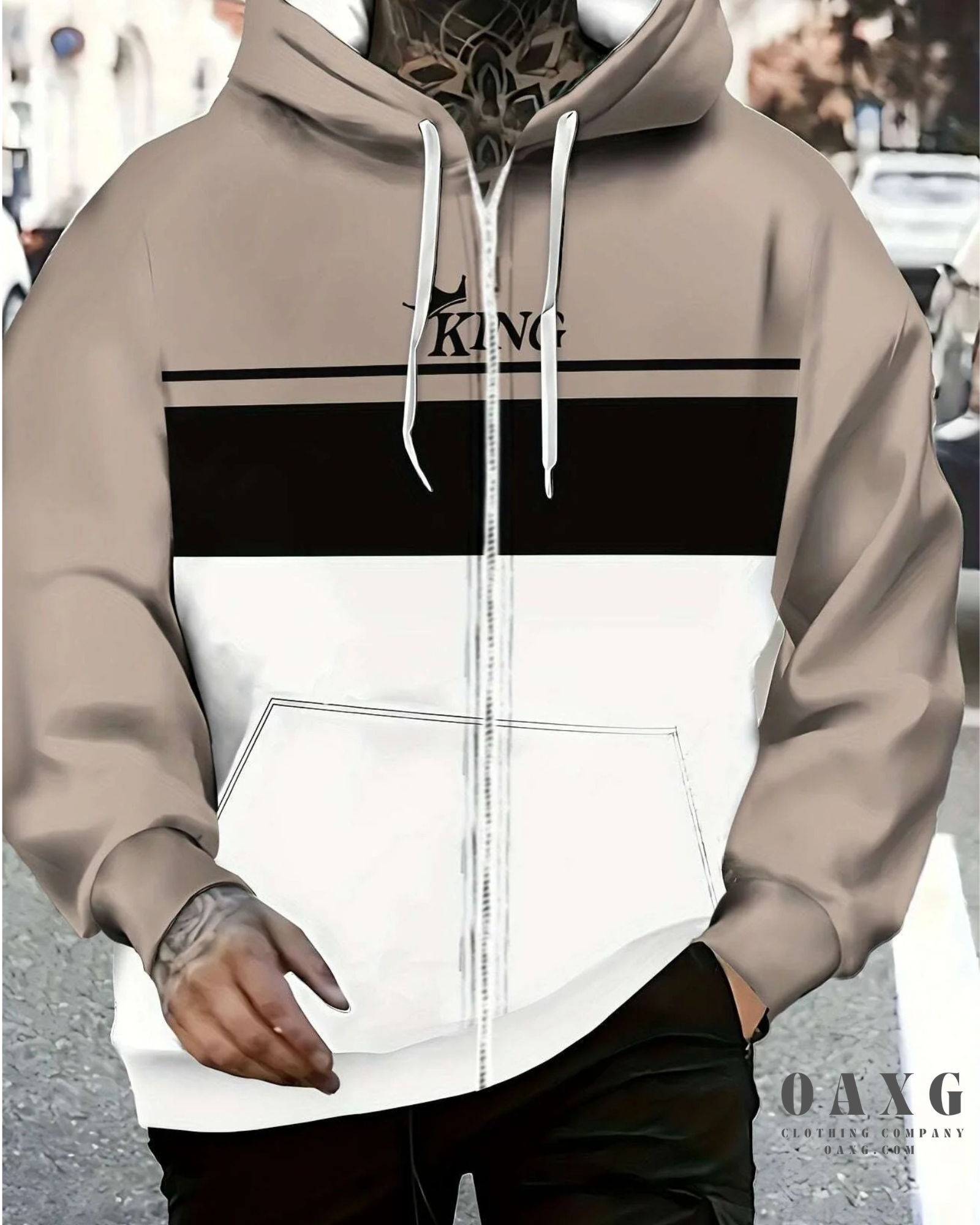 Men's Casual Zip-Up Hoodie - Striped, Drawstring, Pockets, Beige/Black