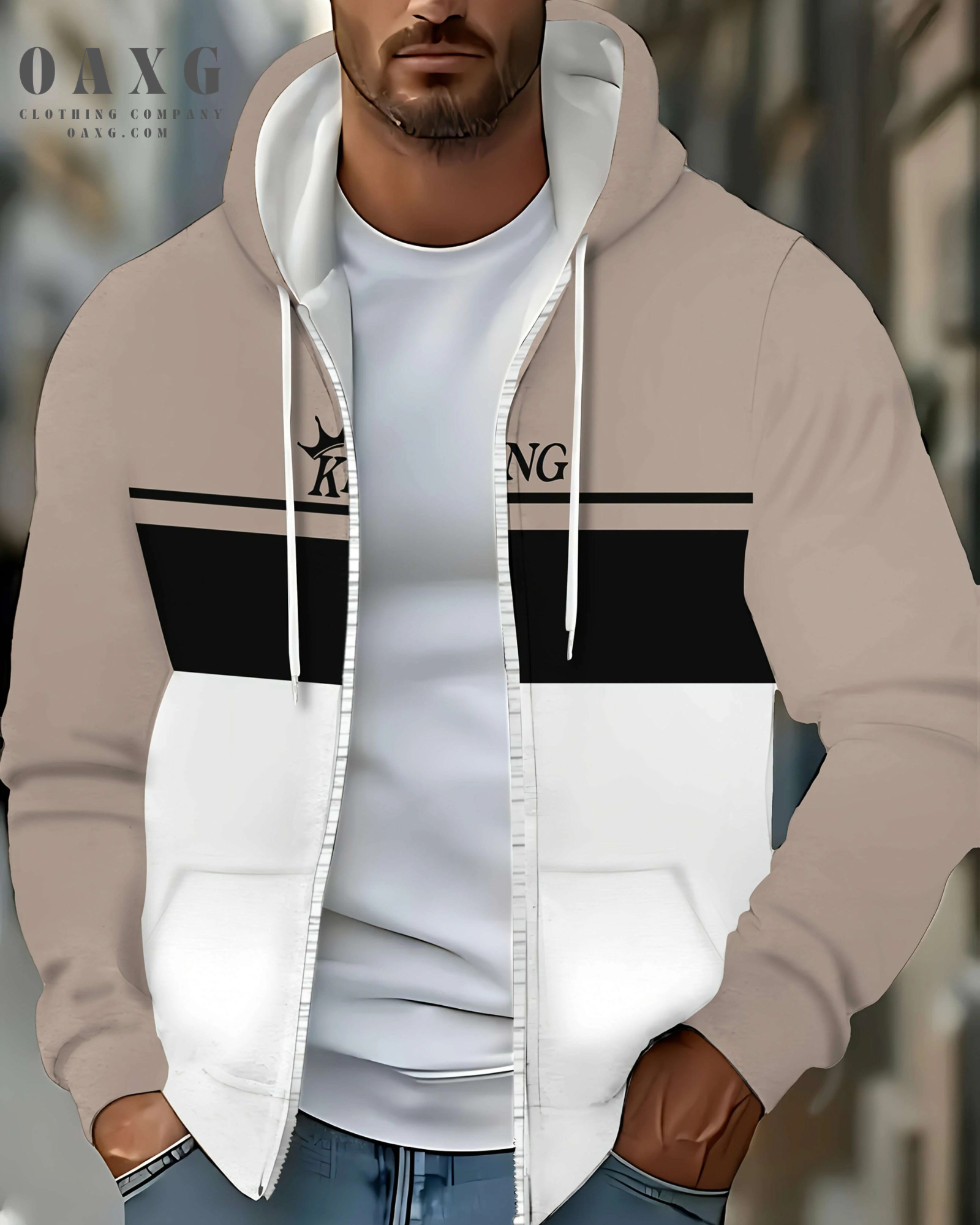 Men's Casual Zip-Up Hoodie - Striped, Drawstring, Pockets, Beige/Black