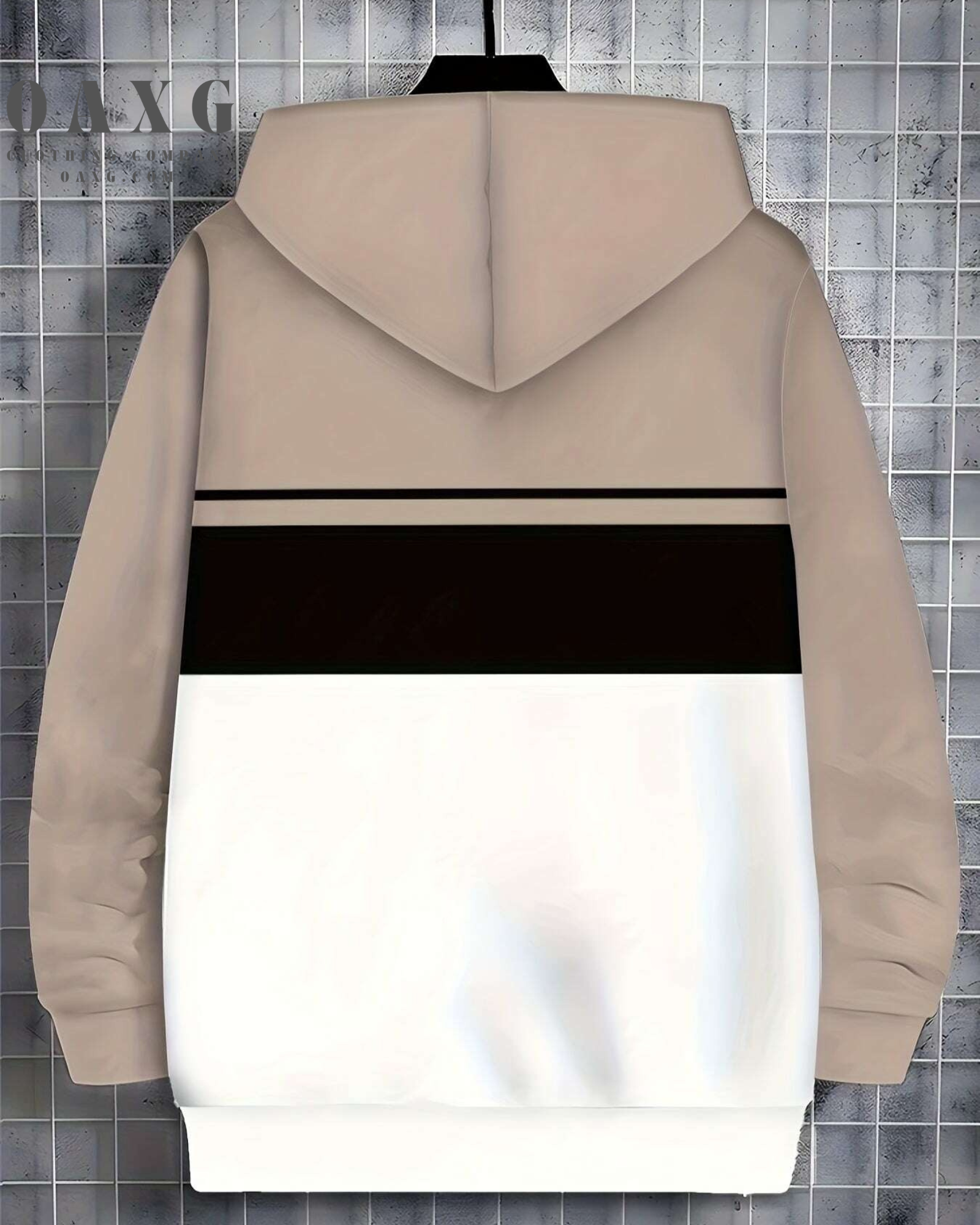 Men's Casual Zip-Up Hoodie - Striped, Drawstring, Pockets, Beige/Black