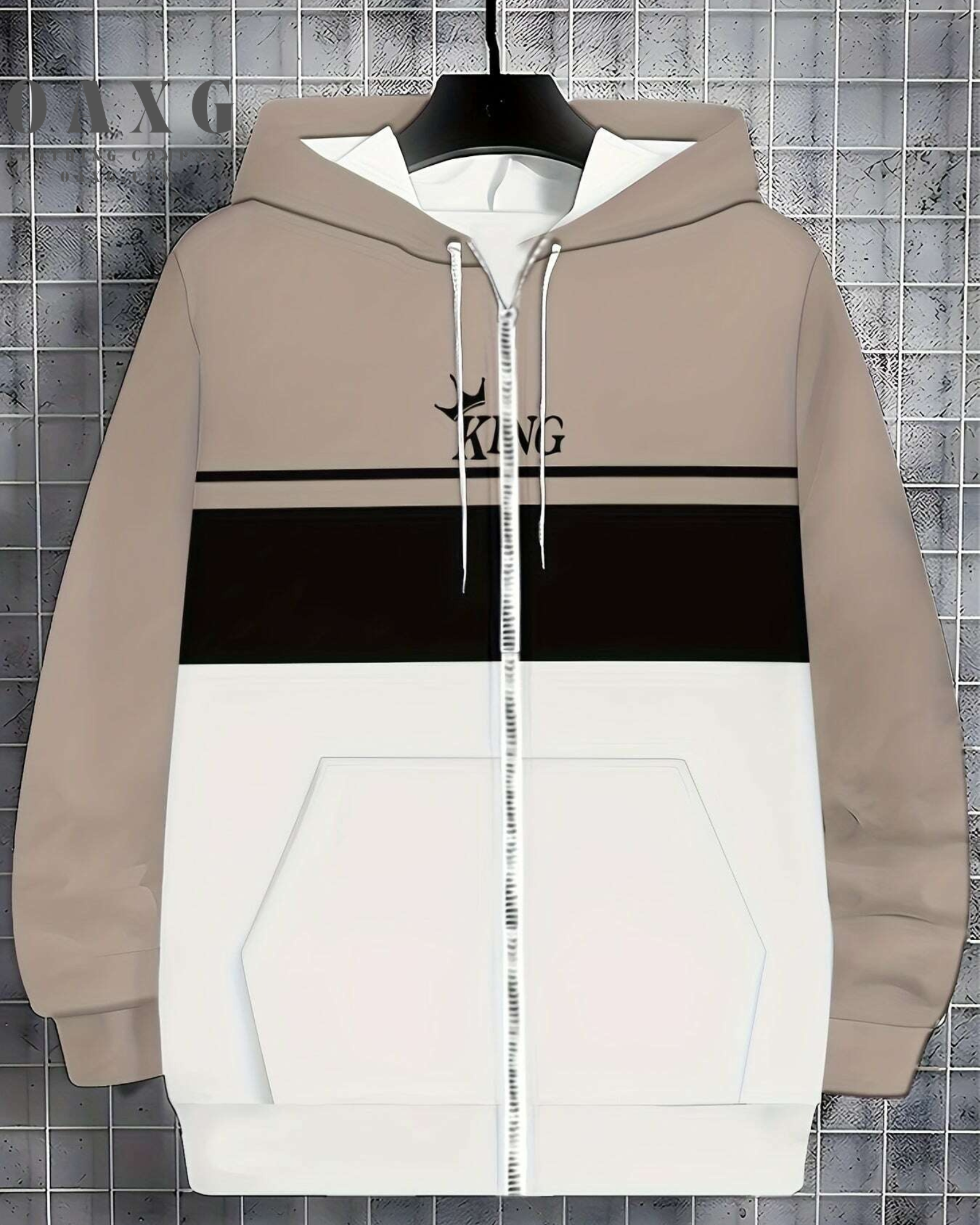 Men's Casual Zip-Up Hoodie - Striped, Drawstring, Pockets, Beige/Black