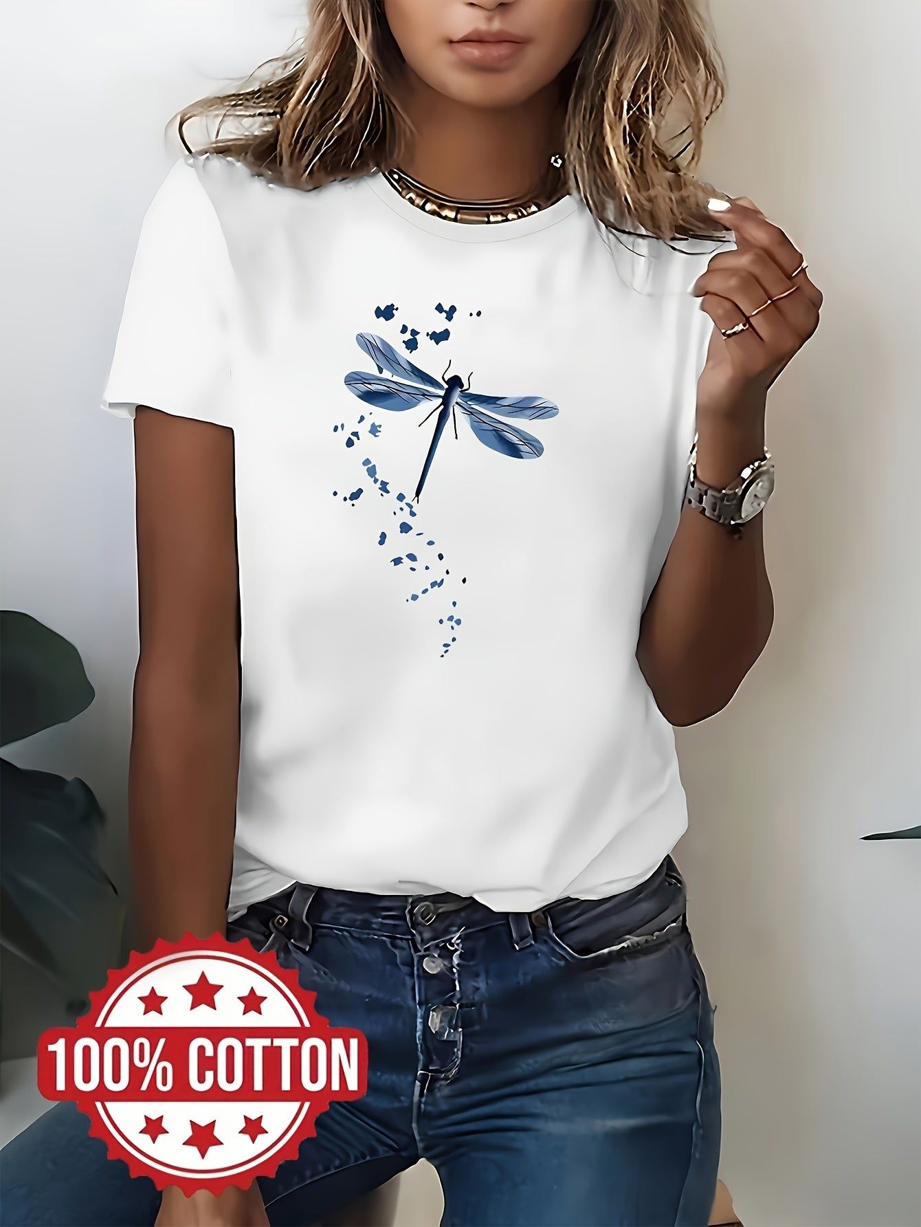 A Casual Top for Women Made of 100%, Featuring a Printed Design, Short Sleeves, And a Round Neckline, Perfect for Spring And Summer   OAXG White / S
