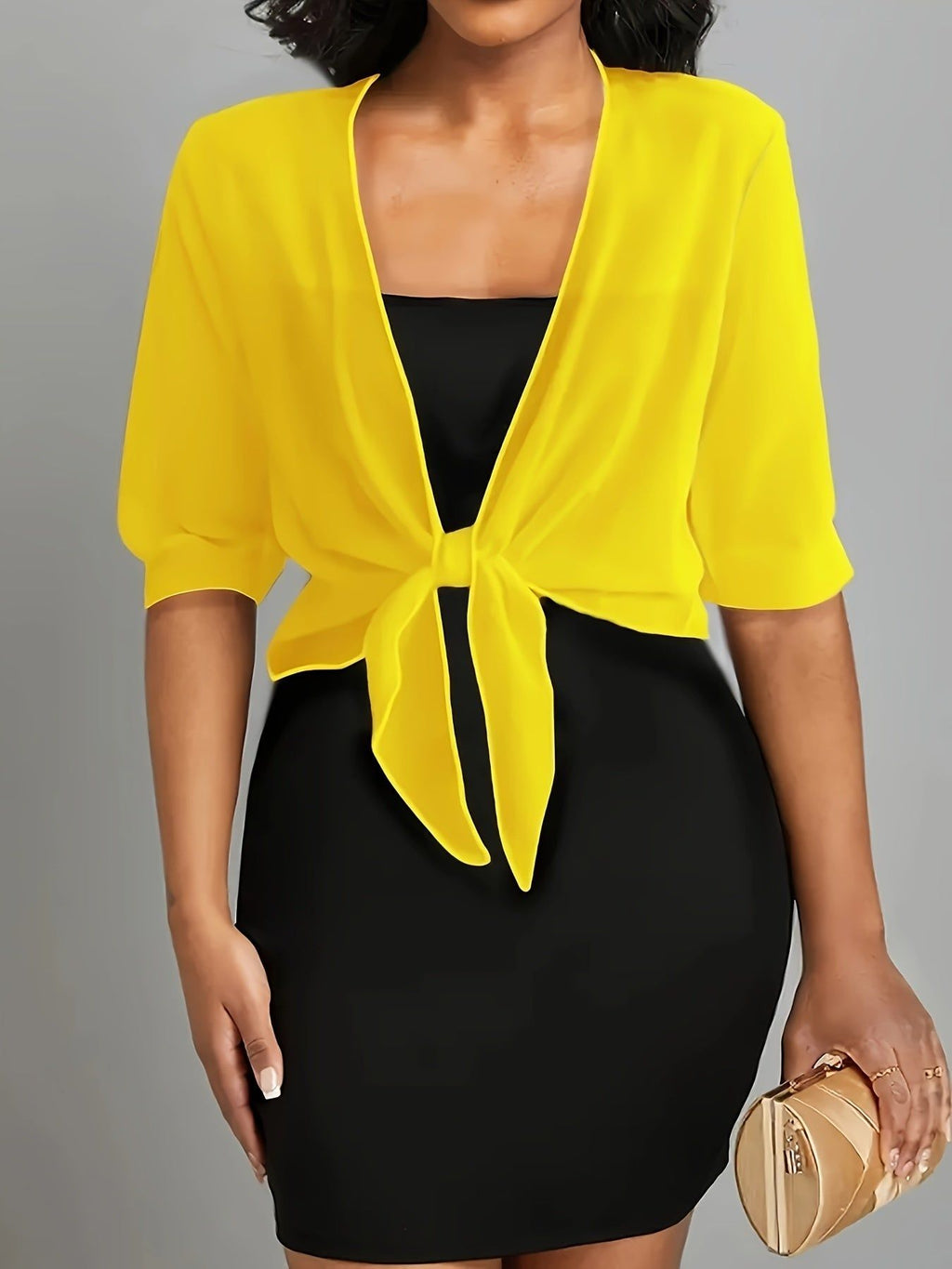 A Front-Opening Shawl Shirt with Elegant Semi-Transparent Fabric And a Directional Lace-Up Design   OAXG Yellow / S