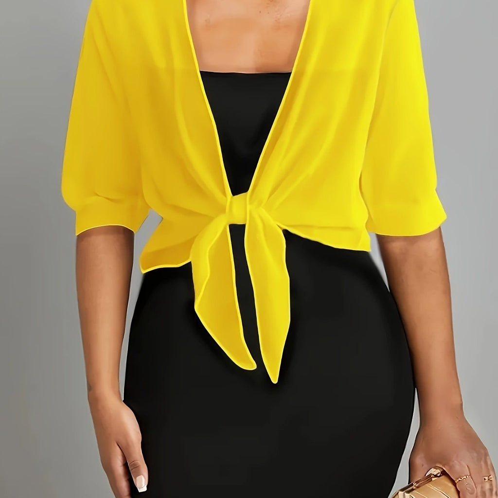 A Front-Opening Shawl Shirt with Elegant Semi-Transparent Fabric And a Directional Lace-Up Design   OAXG Yellow / S
