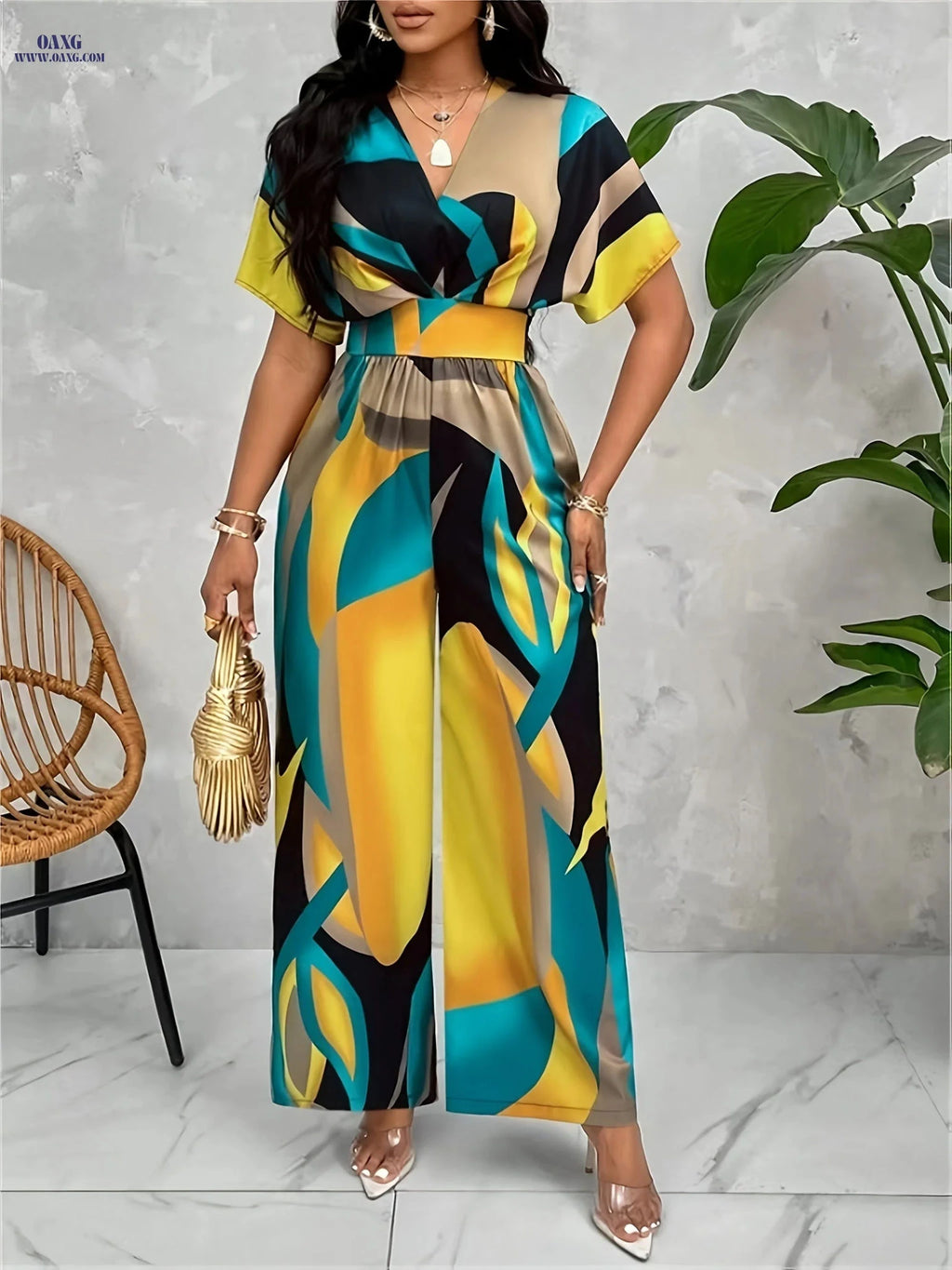 Abstract Print Jumpsuit for Women - V-Neck Batwing Sleeve Fashion   OAXG 