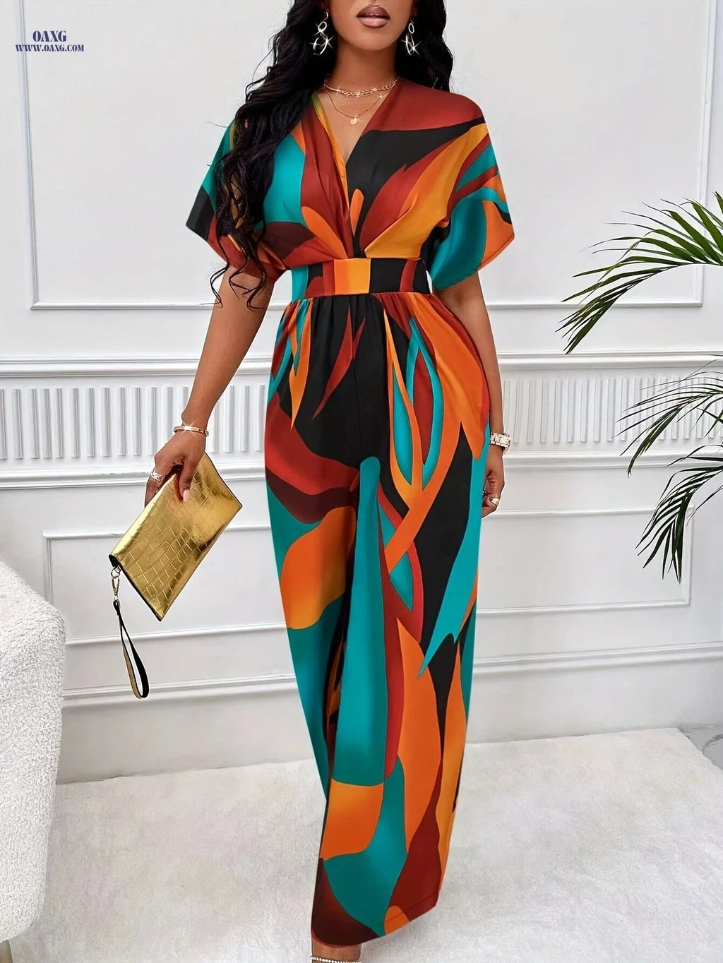 Abstract Print Jumpsuit for Women - V-Neck Batwing Sleeve Fashion   OAXG 