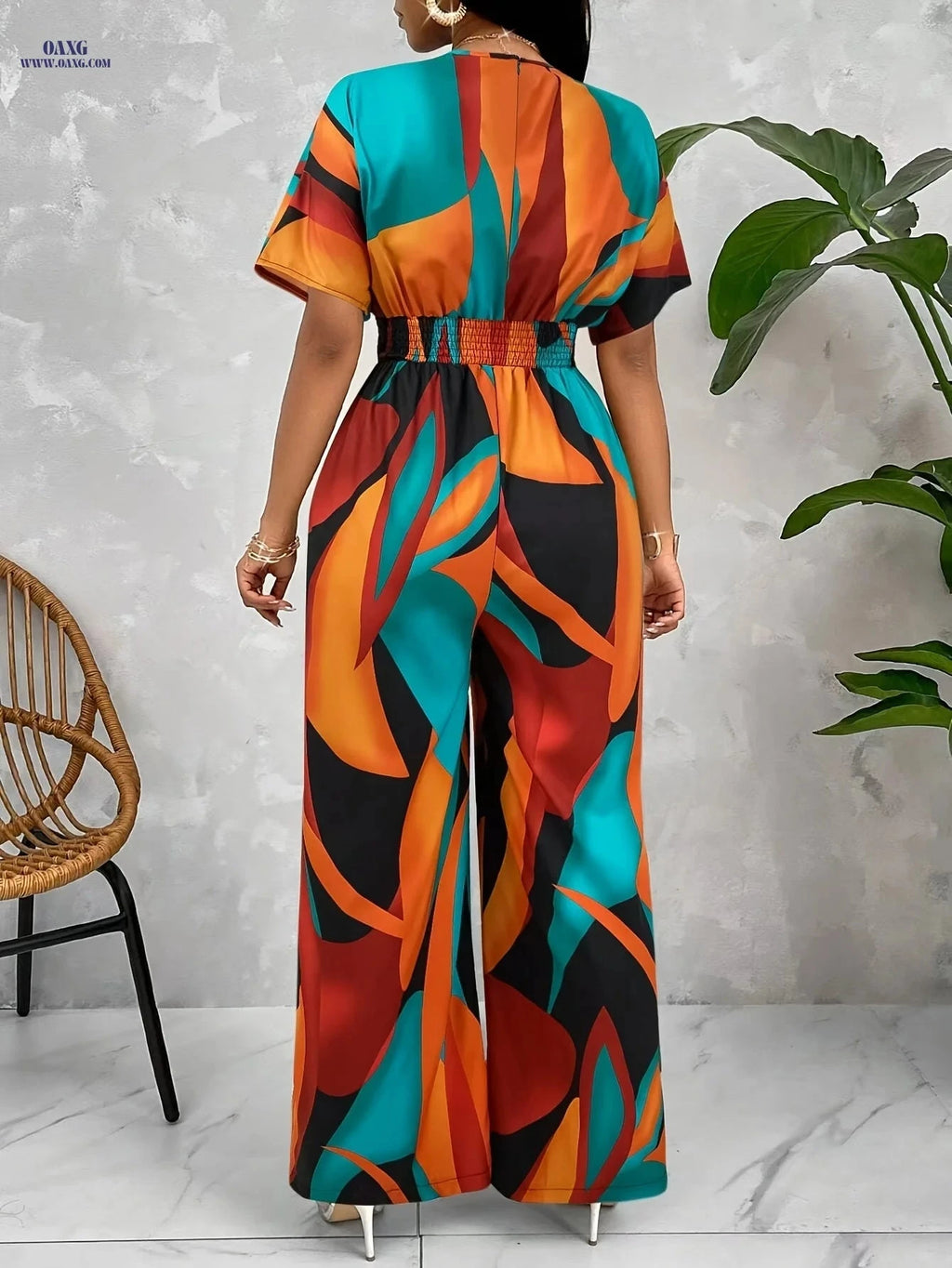 Abstract Print Jumpsuit for Women - V-Neck Batwing Sleeve Fashion   OAXG 