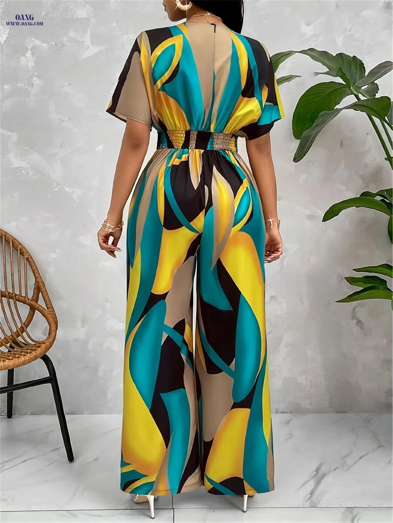 Abstract Print Jumpsuit for Women - V-Neck Batwing Sleeve Fashion   OAXG 
