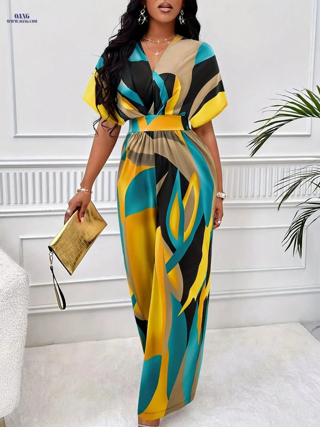 Abstract Print Jumpsuit for Women - V-Neck Batwing Sleeve Fashion   OAXG Polychrome / S
