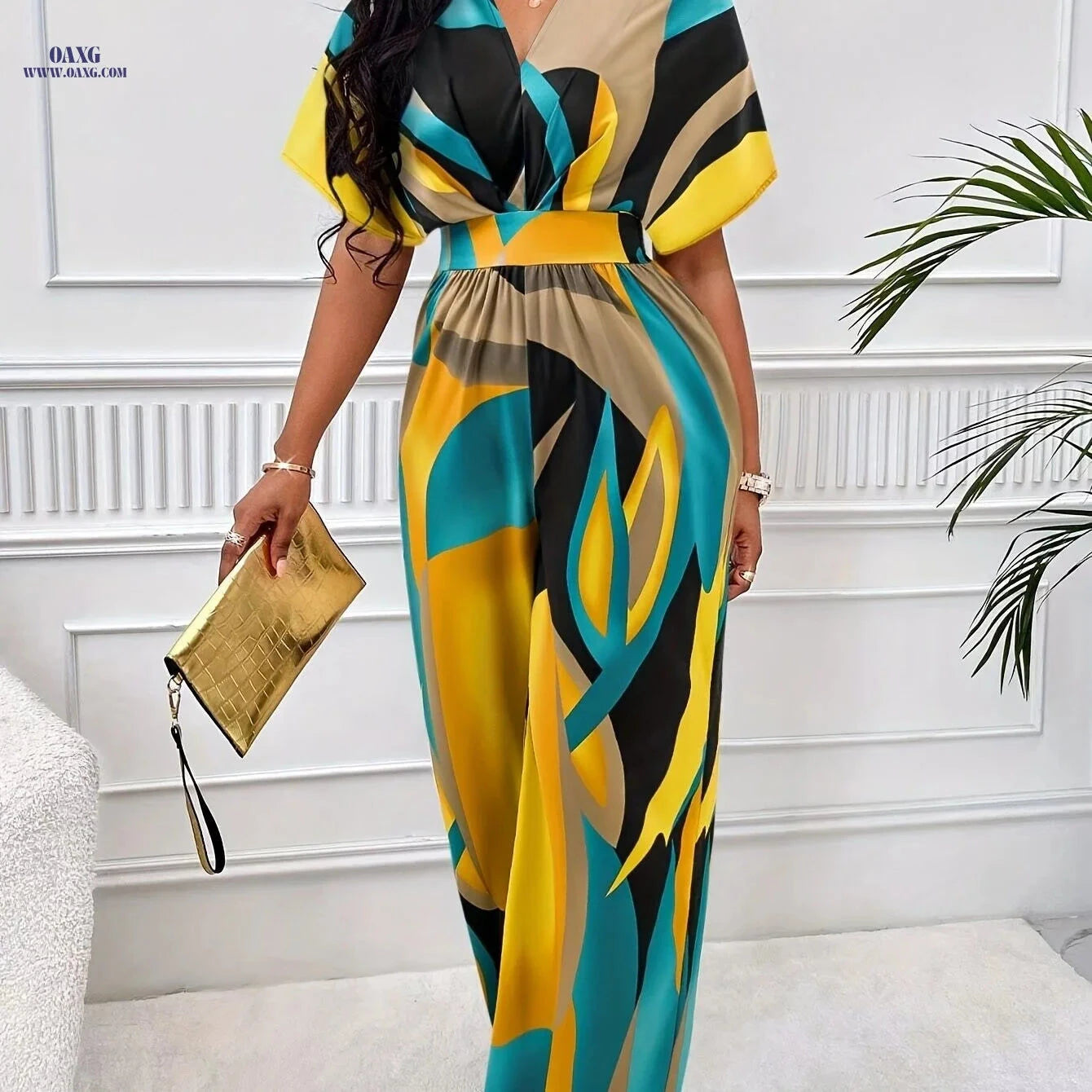 Abstract Print Jumpsuit for Women - V-Neck Batwing Sleeve Fashion   OAXG Polychrome / S