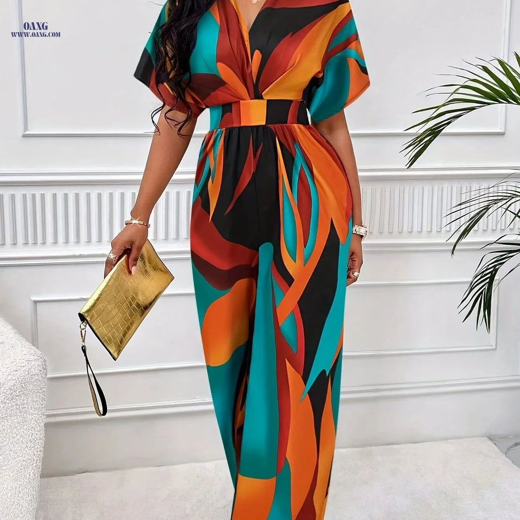 Abstract Print Jumpsuit for Women - V-Neck Batwing Sleeve Fashion   OAXG Polychrome / S