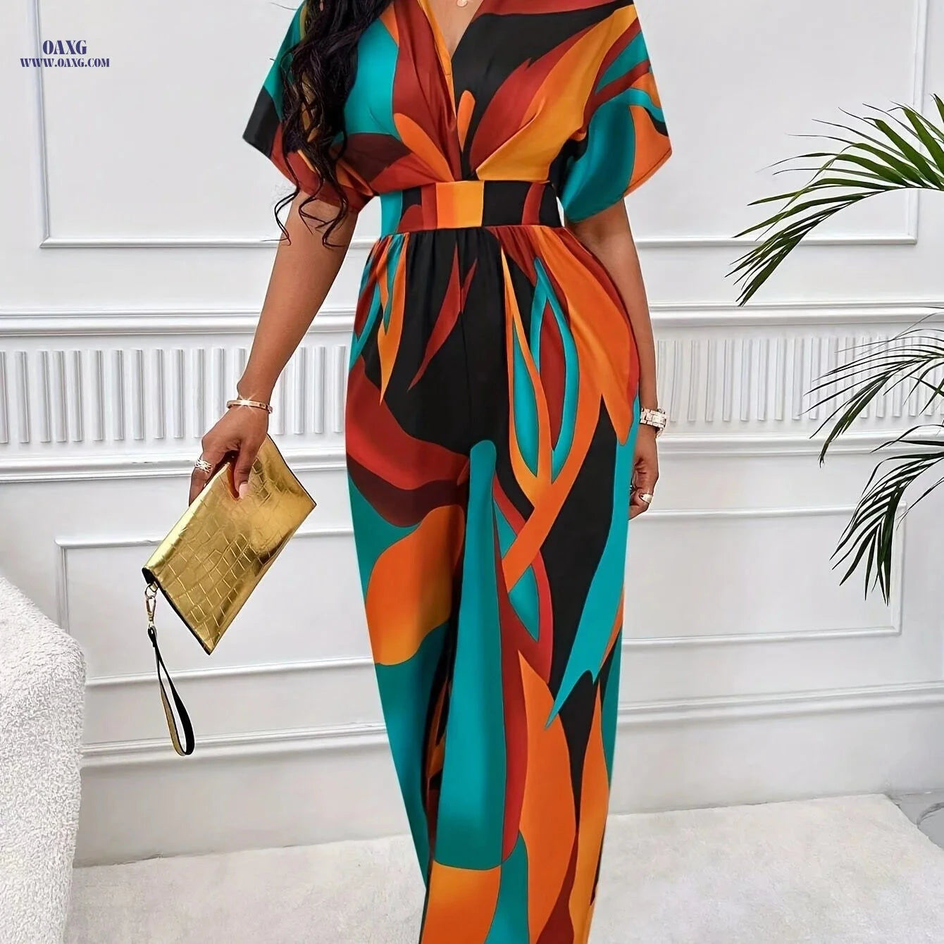 Abstract Print Jumpsuit for Women - V-Neck Batwing Sleeve Fashion   OAXG Polychrome / S