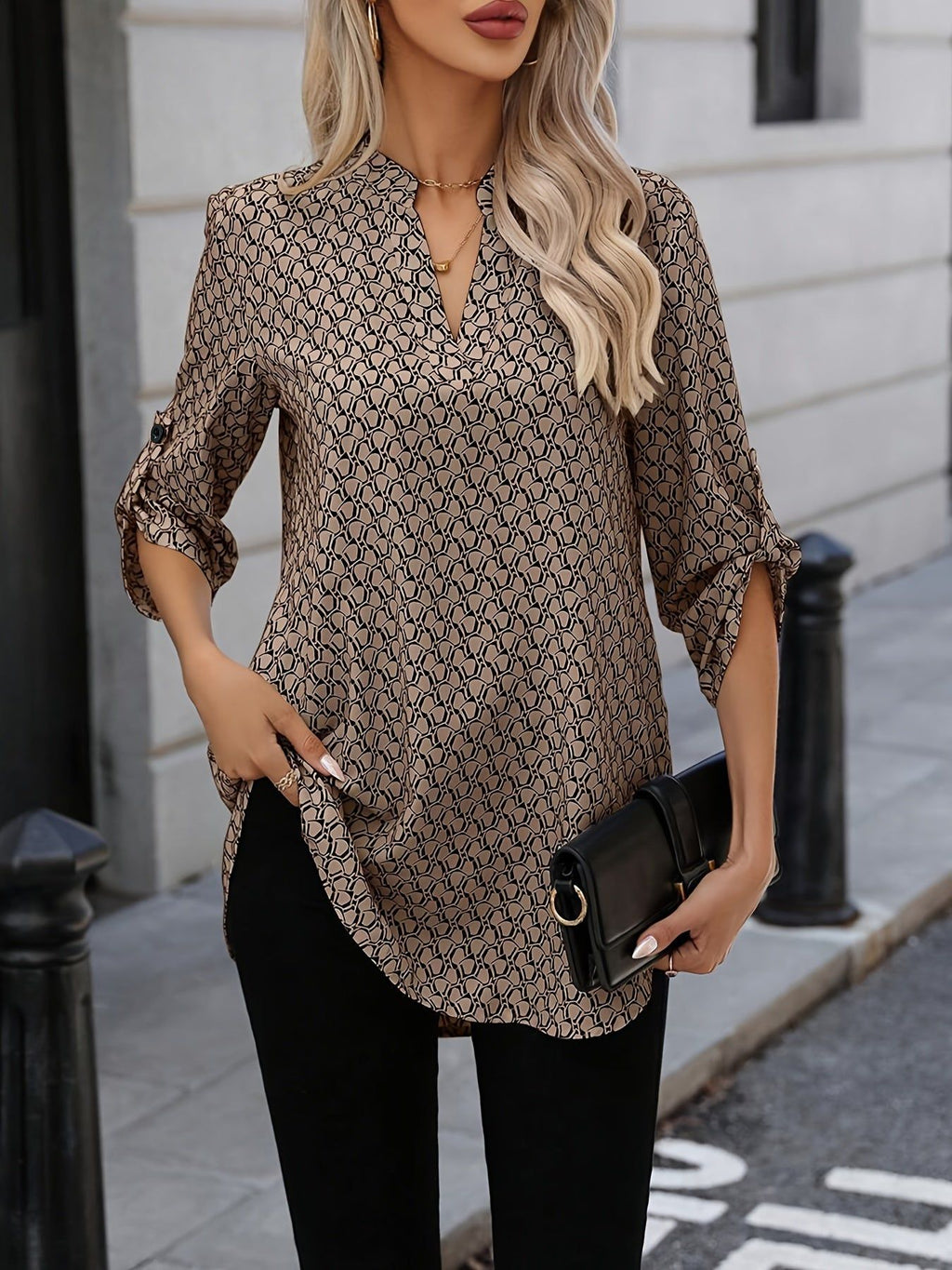 All-Over Printed Ruffled Short Sleeve Curved Hem Shirt   OAXG Mixed colors / S