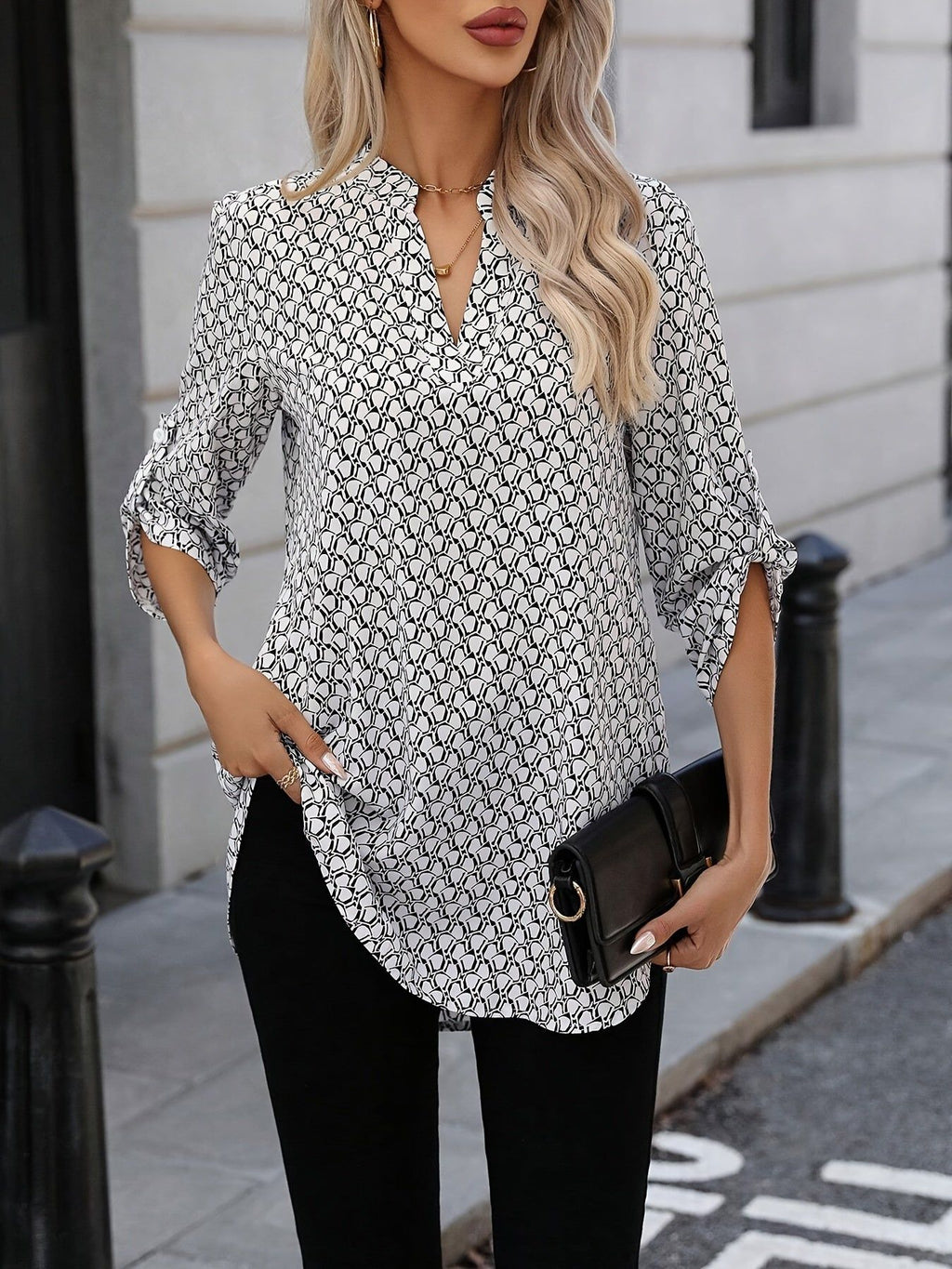 All-Over Printed Ruffled Short Sleeve Curved Hem Shirt   OAXG Mixed colors / S