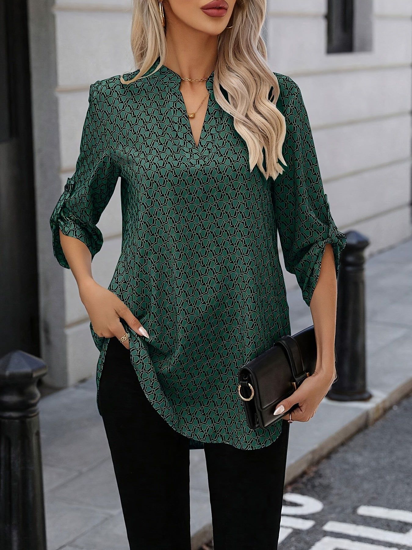 All-Over Printed Ruffled Short Sleeve Curved Hem Shirt   OAXG Mixed colors / S