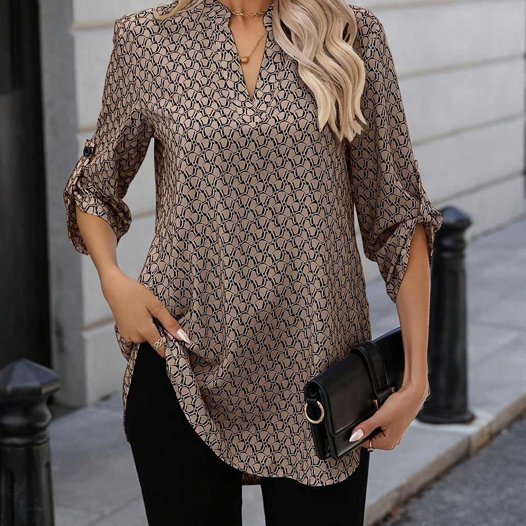 All-Over Printed Ruffled Short Sleeve Curved Hem Shirt   OAXG Mixed colors / S