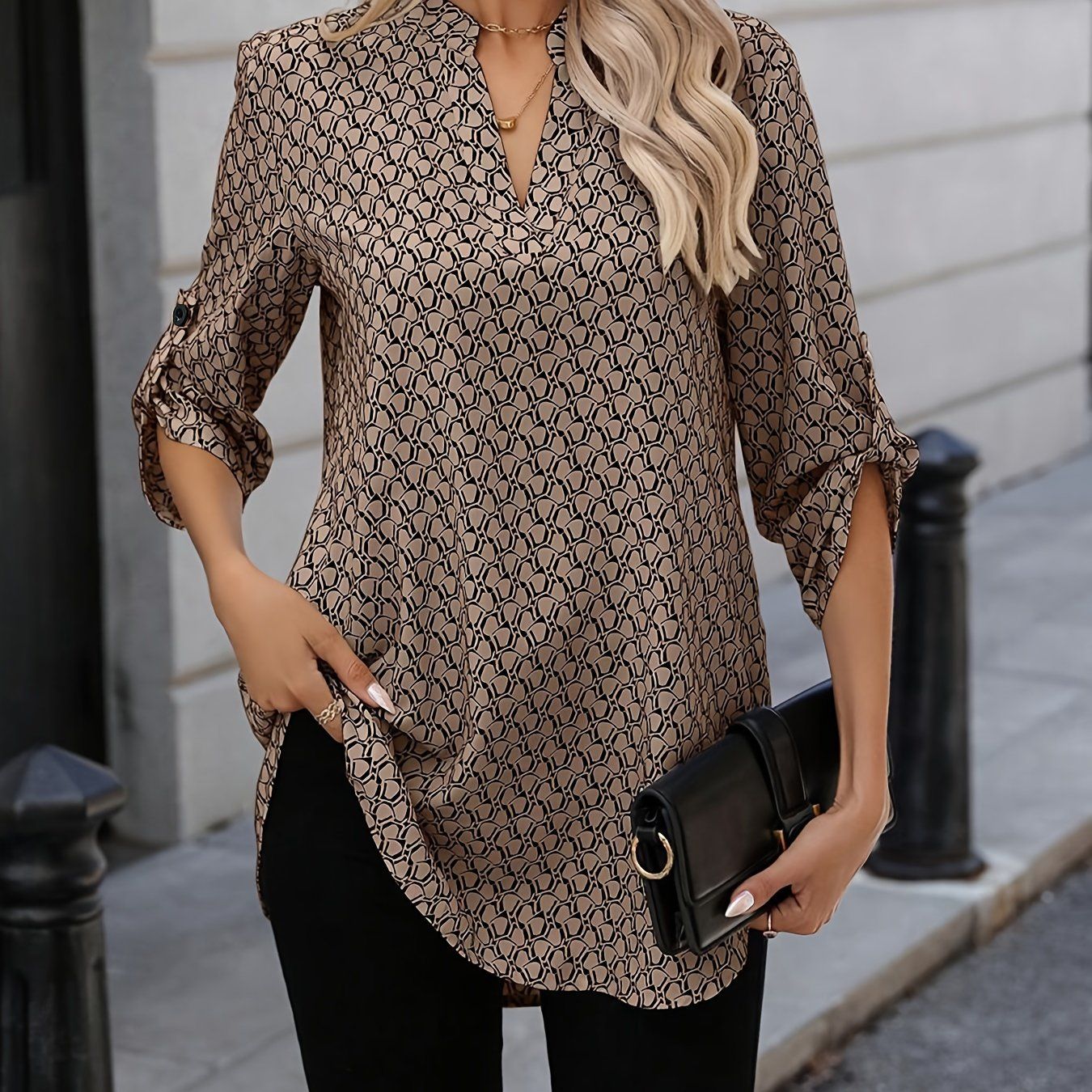 All-Over Printed Ruffled Short Sleeve Curved Hem Shirt   OAXG Mixed colors / S