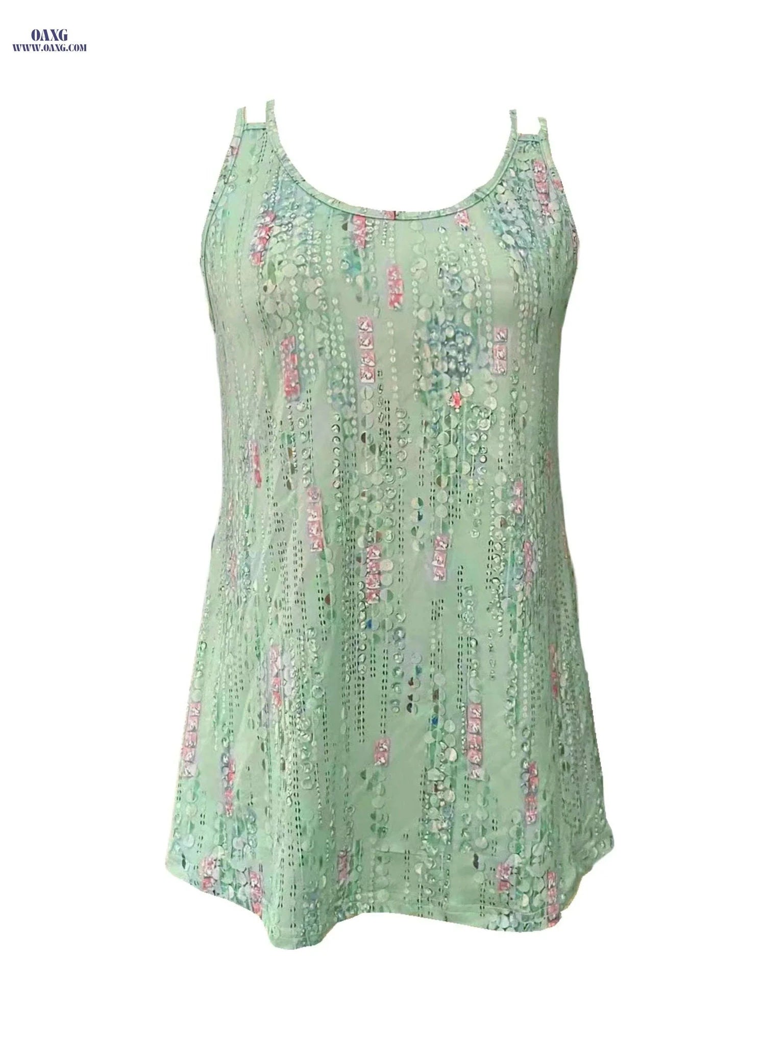 Allover Print Casual Sleeveless Top - Double Straps for Summer   OAXG Grass Green / S