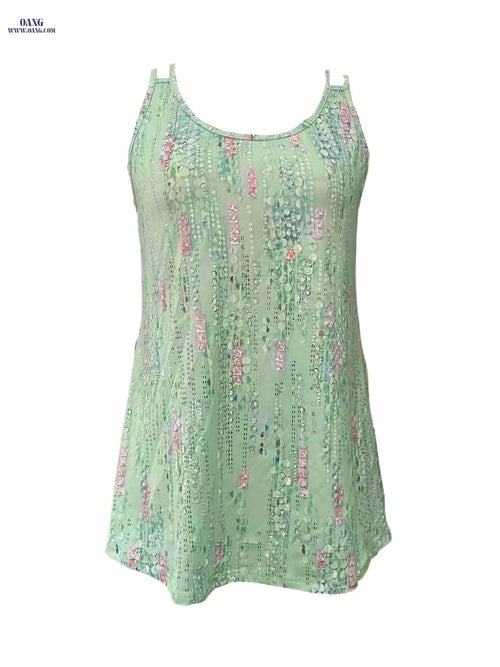 Allover Print Casual Sleeveless Top - Double Straps for Summer   OAXG Grass Green / S