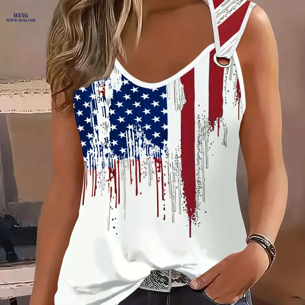 American Flag Tank Top - Casual Crew Neck for Summer & Spring   OAXG 