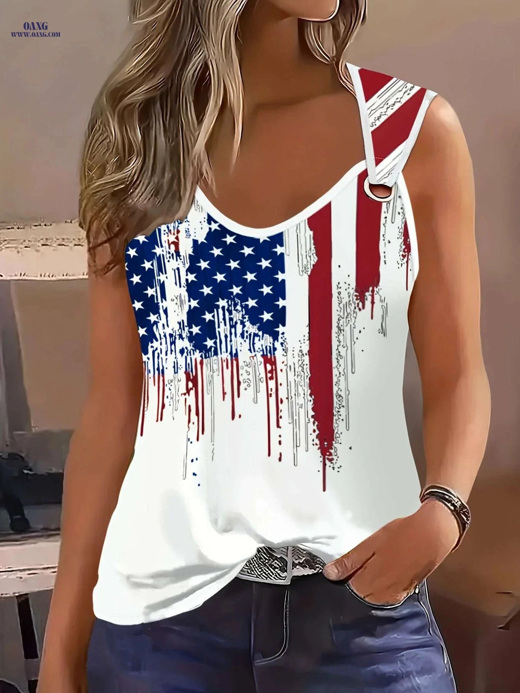 American Flag Tank Top - Casual Crew Neck for Summer & Spring   OAXG White / S
