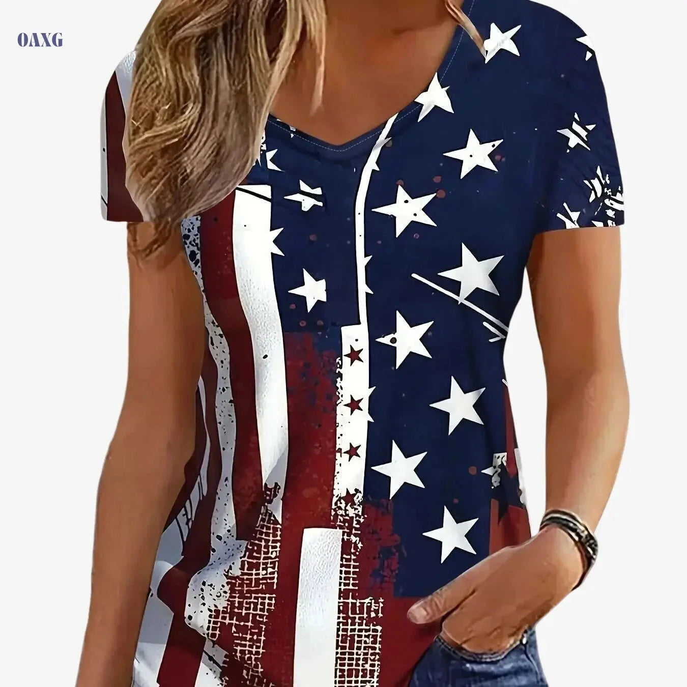 American Flag V-Neck T-Shirt - Casual Short Sleeve for Summer   OAXG Blue / S