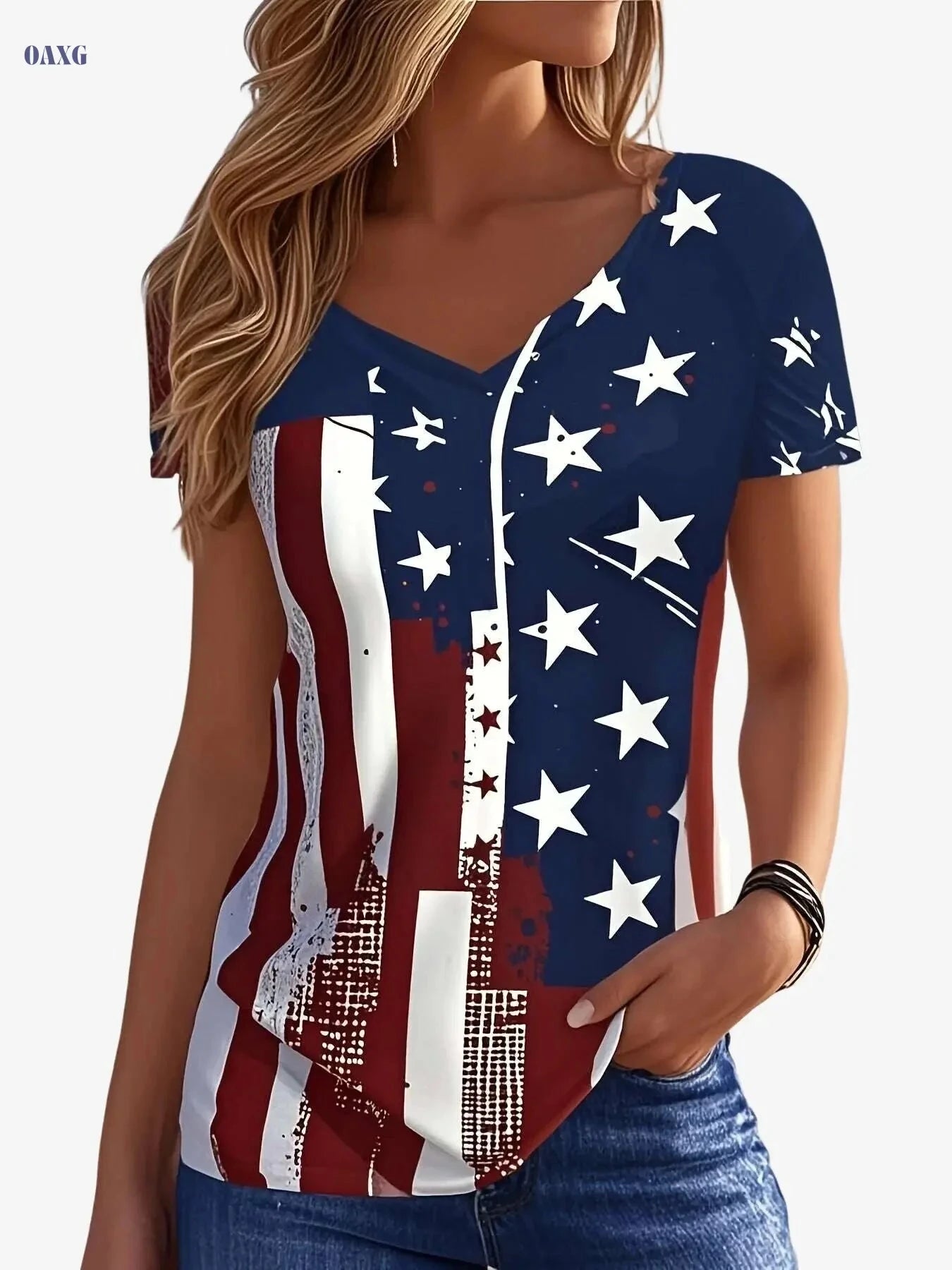 American Flag V-Neck T-Shirt - Casual Short Sleeve for Summer   OAXG Blue / S