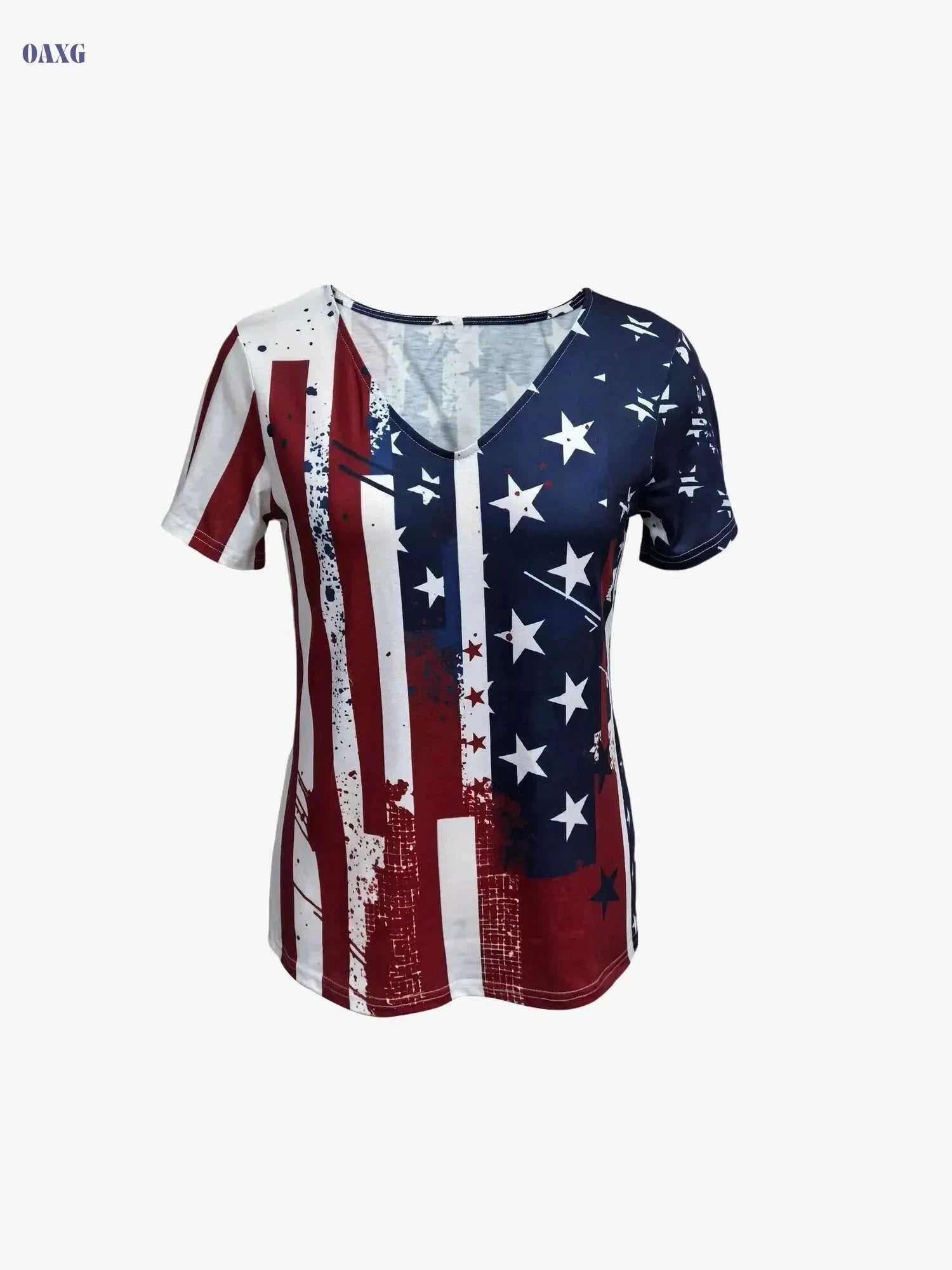 American Flag V-Neck T-Shirt - Casual Short Sleeve for Summer   OAXG Blue / S