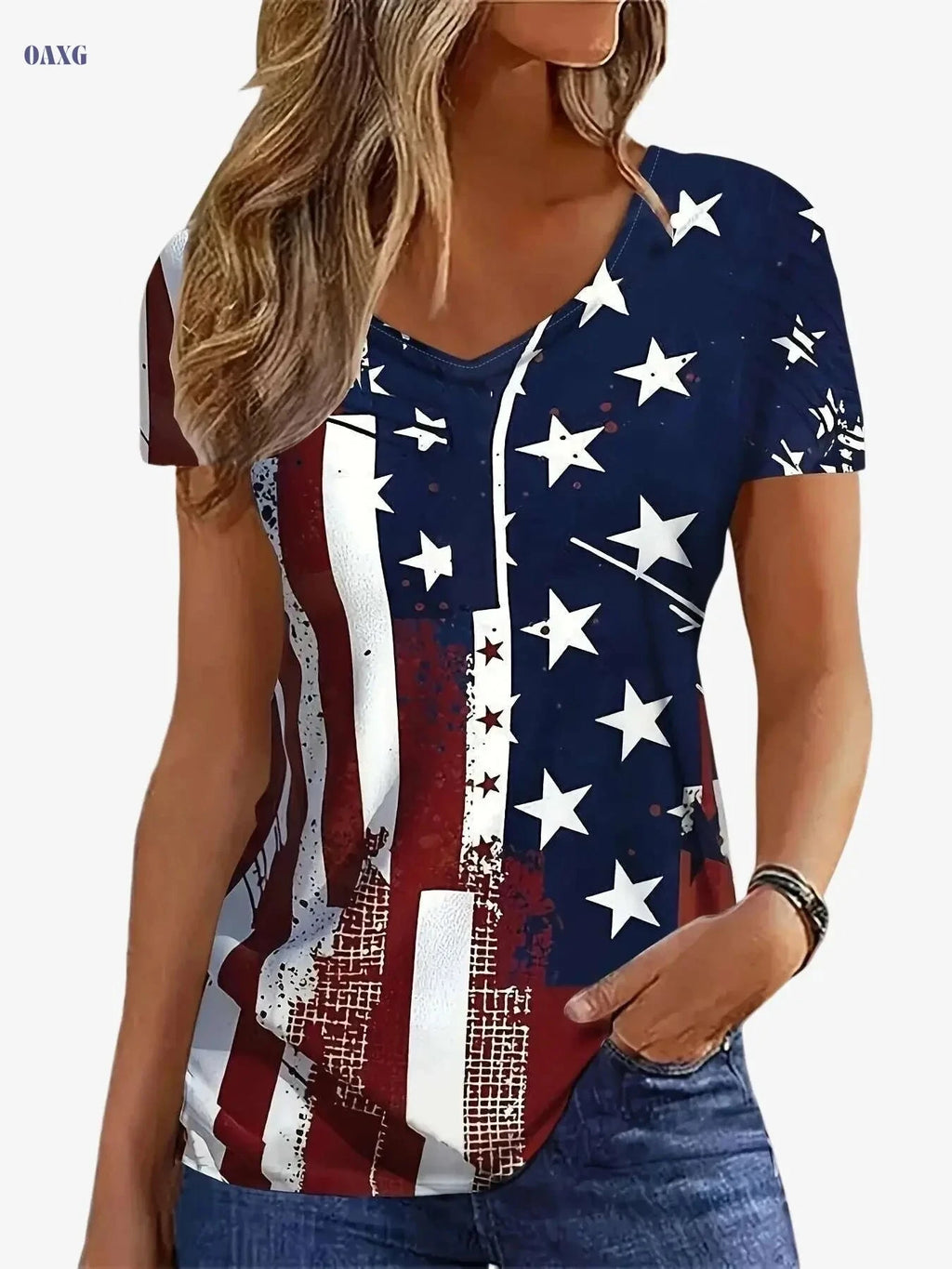 American Flag V-Neck T-Shirt - Casual Short Sleeve for Summer   OAXG Blue / S