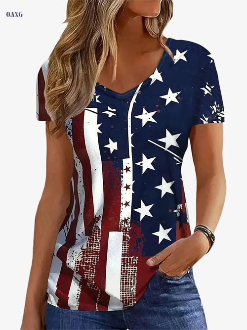 American Flag V-Neck T-Shirt - Casual Short Sleeve for Summer   OAXG Blue / S