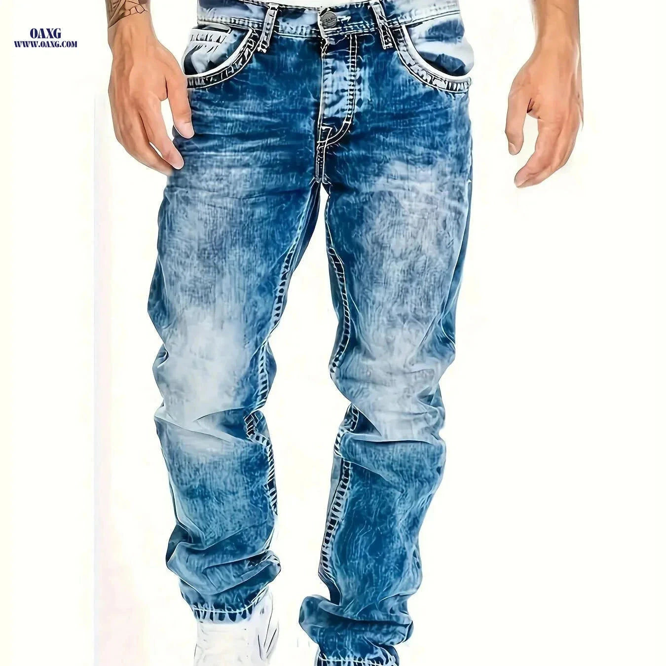 American Snowflake Washed Men's Jeans - Versatile Straight Pants   OAXG Blue / S