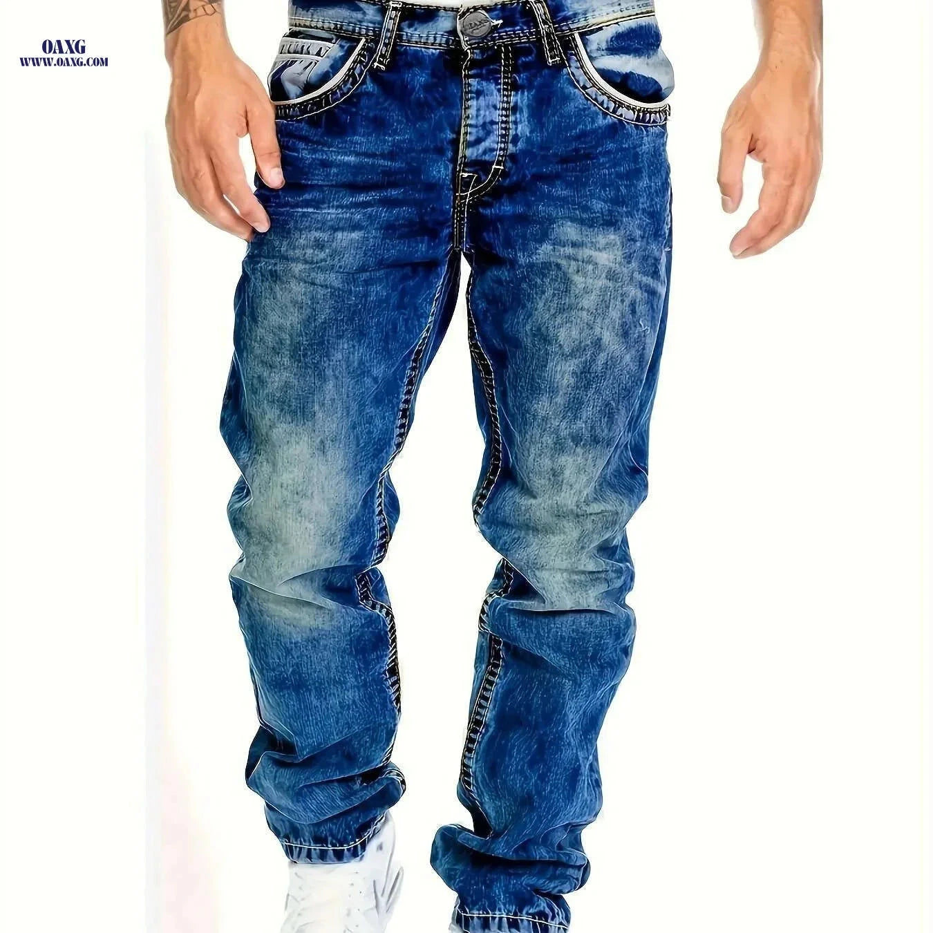 American Snowflake Washed Men's Jeans - Versatile Straight Pants   OAXG 