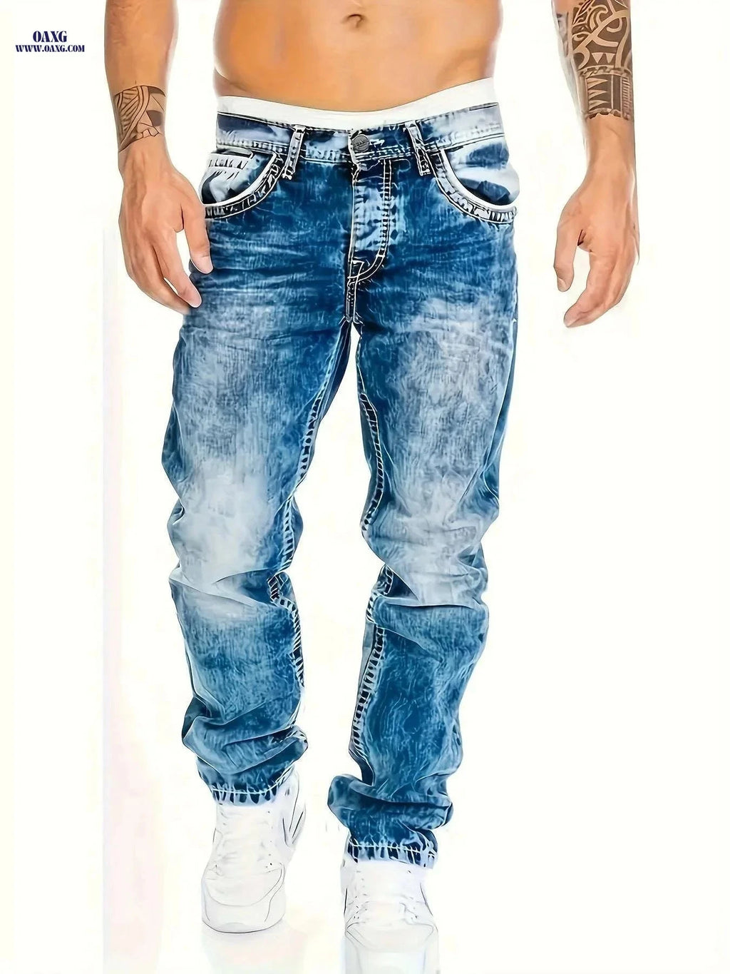 American Snowflake Washed Men's Jeans - Versatile Straight Pants   OAXG 