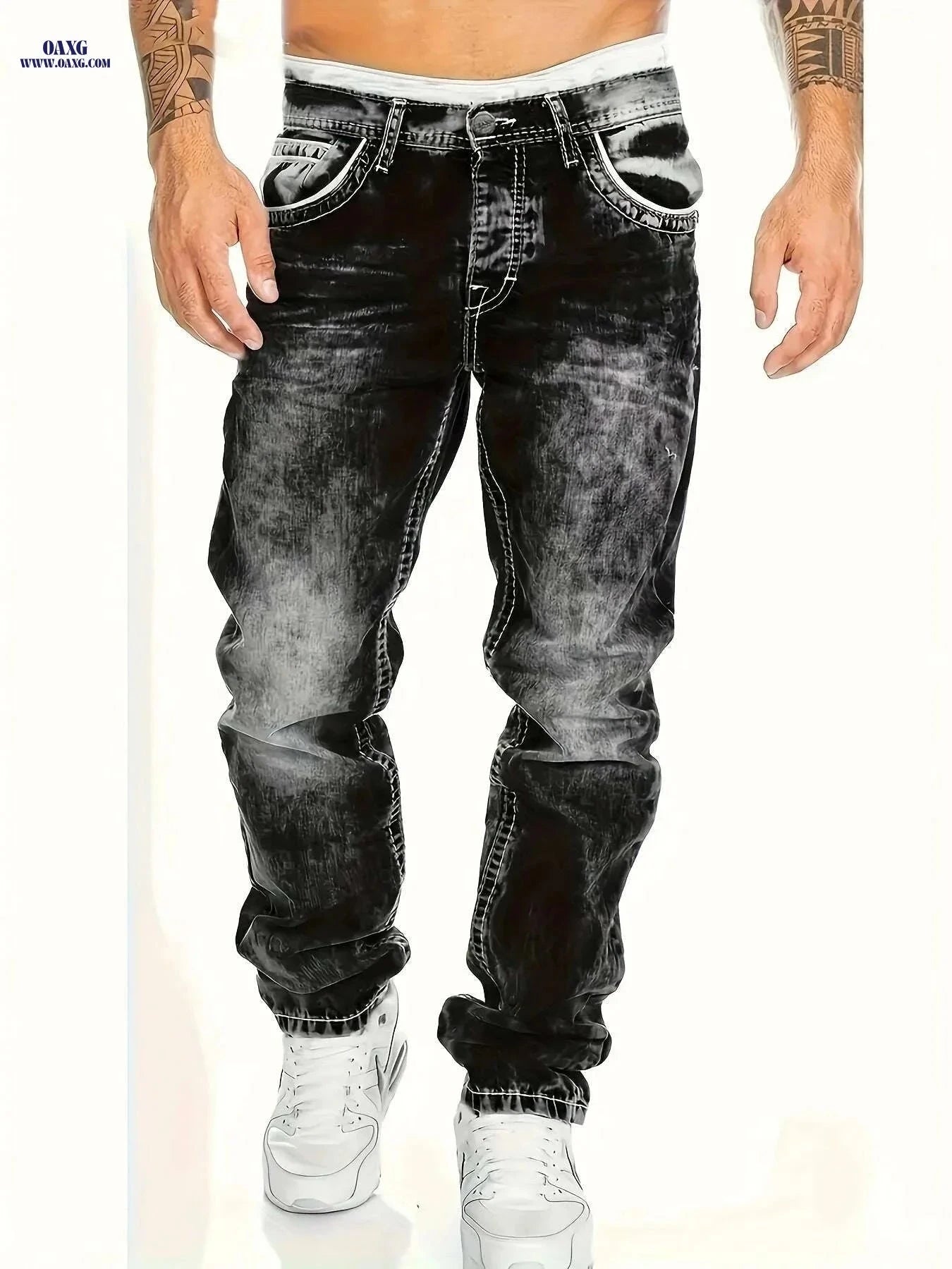 American Snowflake Washed Men's Jeans - Versatile Straight Pants   OAXG 