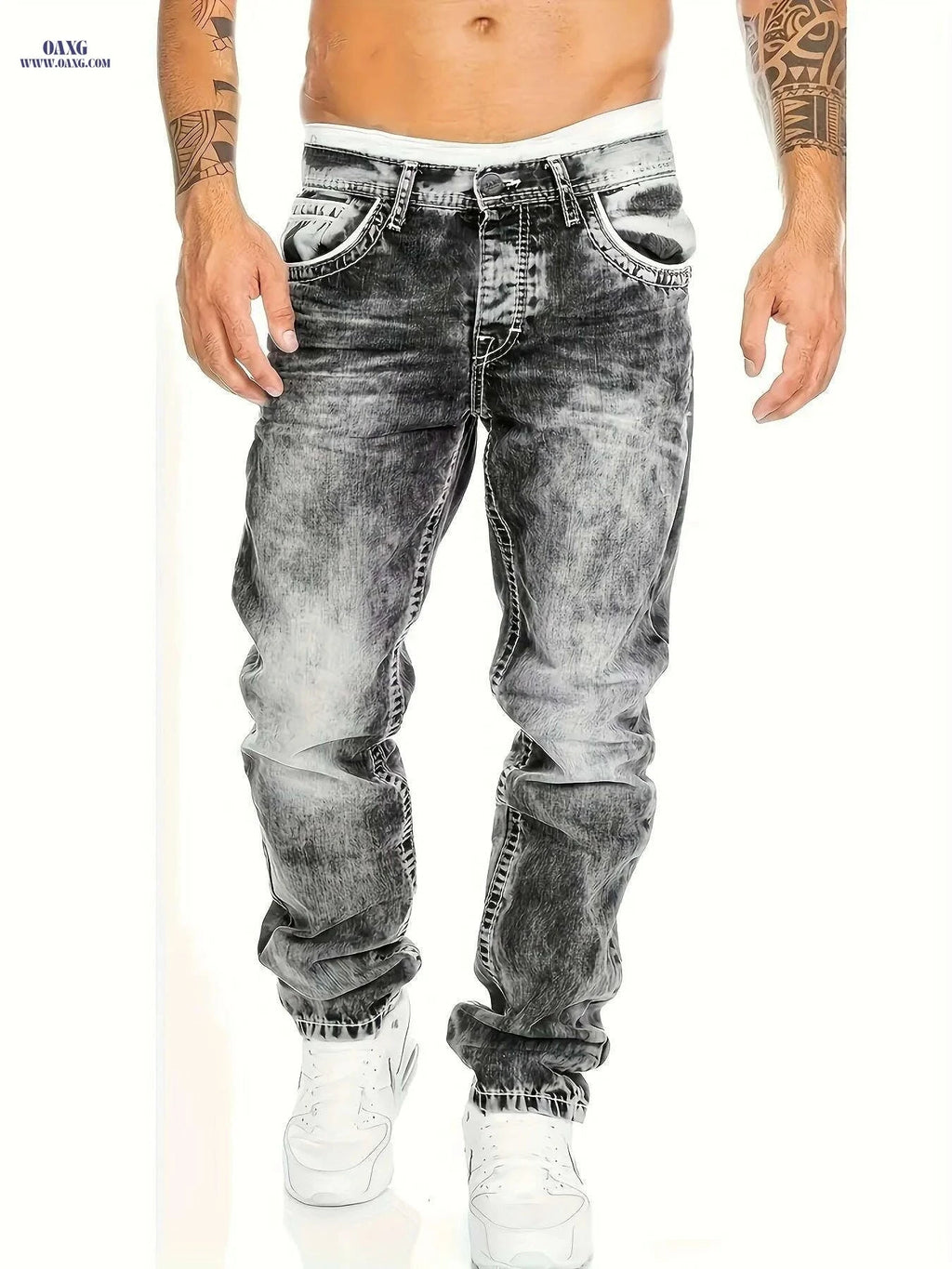American Snowflake Washed Men's Jeans - Versatile Straight Pants   OAXG 