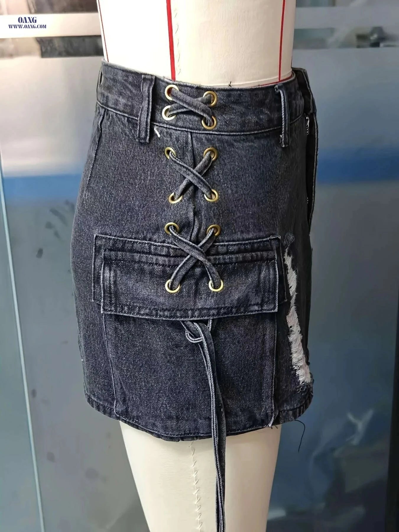 American Style Plus Size Denim Mini Skirt - Ripped Bodycon Design   OAXG Deep Blue / XS