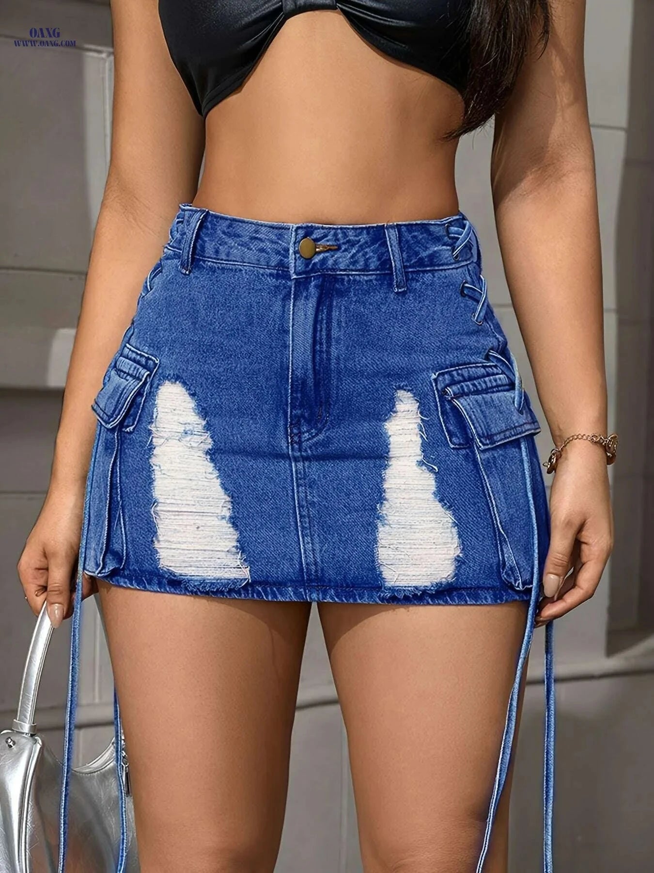 American Style Plus Size Denim Mini Skirt - Ripped Bodycon Design   OAXG Deep Blue / XS