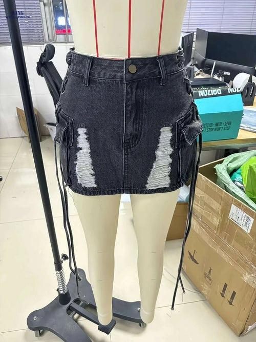 American Style Plus Size Denim Mini Skirt - Ripped Bodycon Design   OAXG Deep Blue / XS