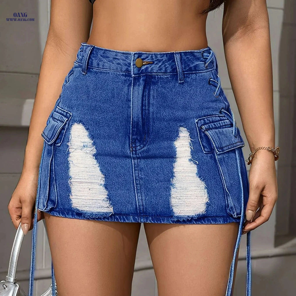 American Style Plus Size Denim Mini Skirt - Ripped Bodycon Design   OAXG Deep Blue / XS