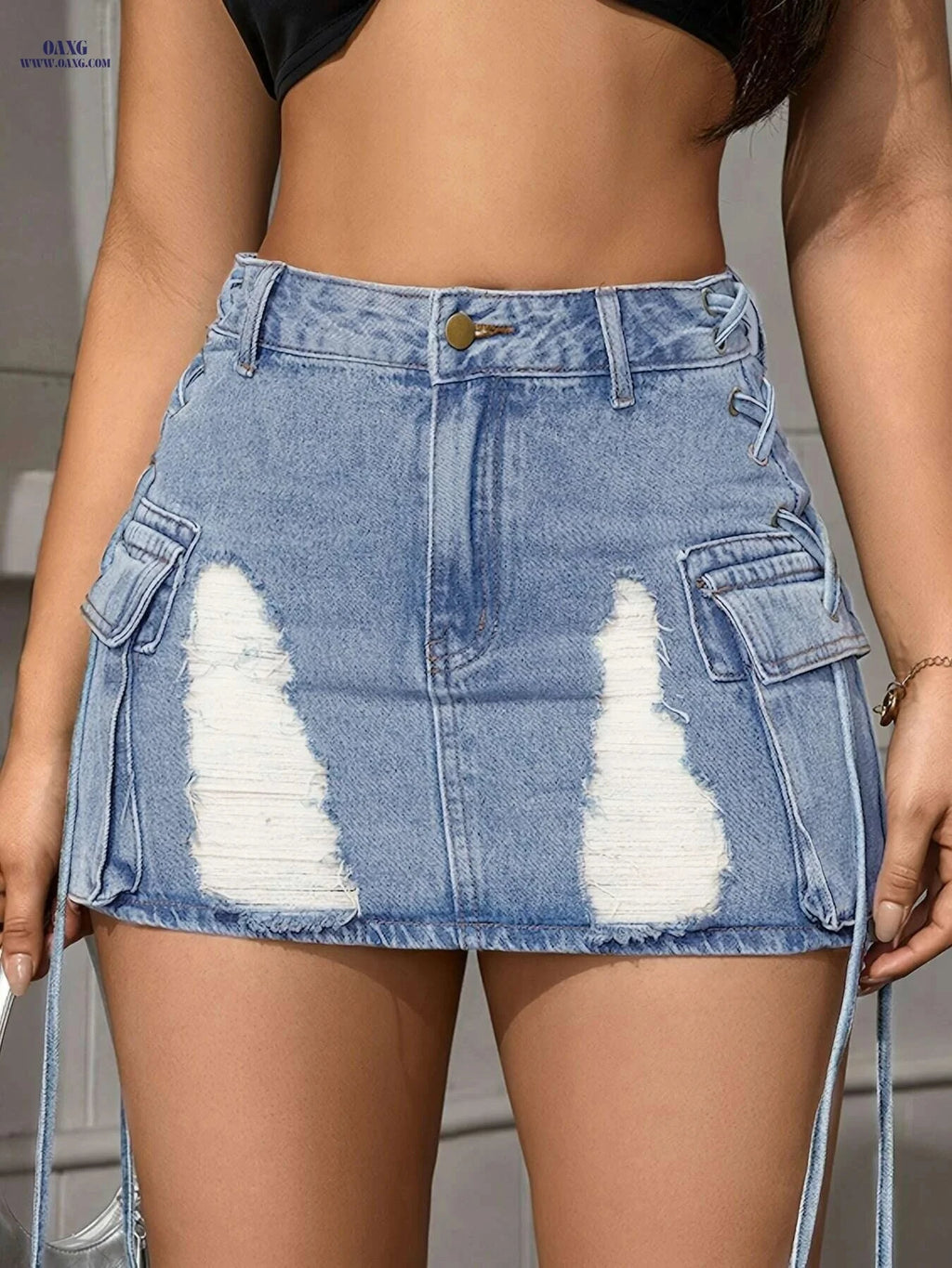American Style Plus Size Denim Mini Skirt - Ripped Bodycon Design   OAXG 