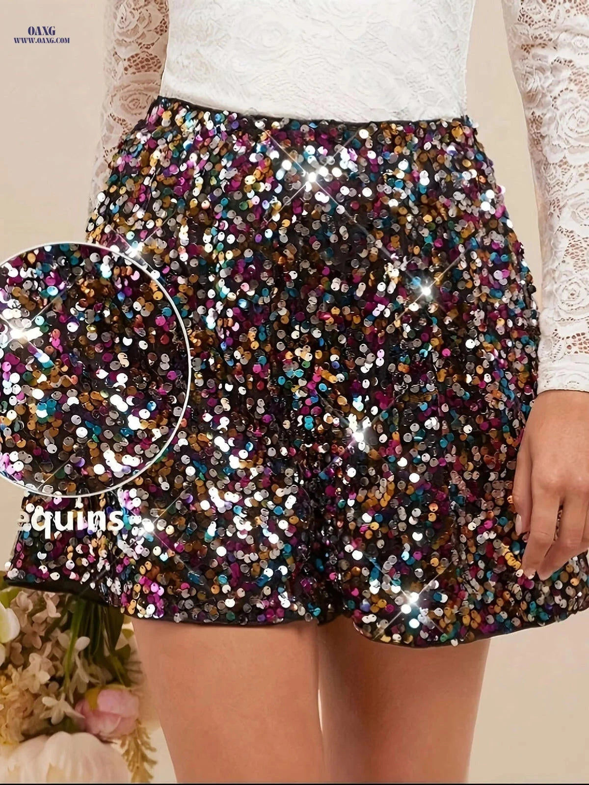 Amorya's Elegant A-Line Sparkling Shorts - Perfect for Parties & Concerts   OAXG 