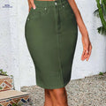 Army Green High Waisted Denim Pencil Skirt - Tummy Control & Pockets   OAXG Army Green / S