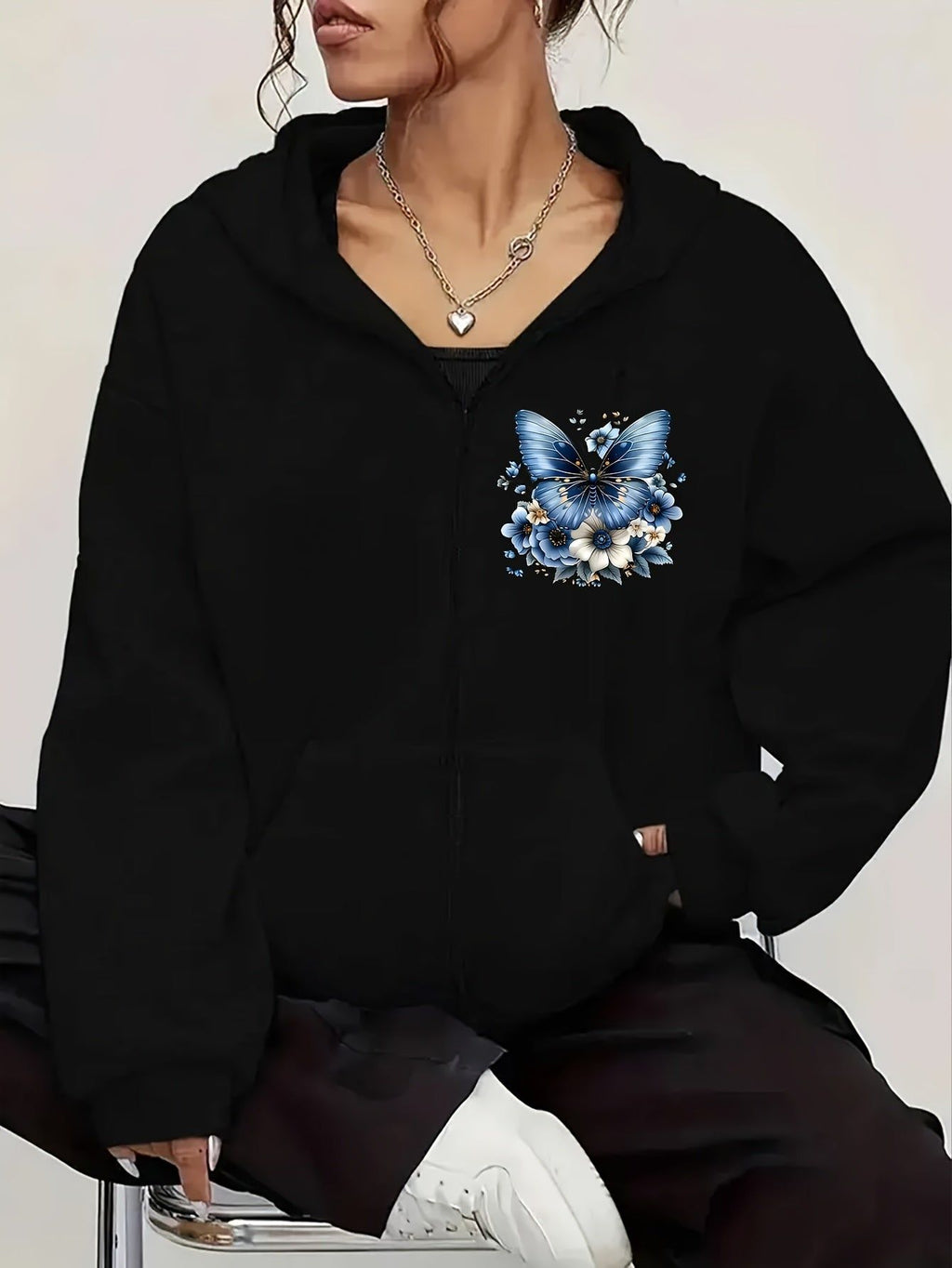 Artistic Blue Butterfly Print Y2K Casual Style Zip-Up Hoodie - Fashionable and Comfortable Zip Jacket, All-Season Casual Sportswear, Casual Sportswear Fashion Jacket | Comfortable Fabric   OAXG Sky Blue / S